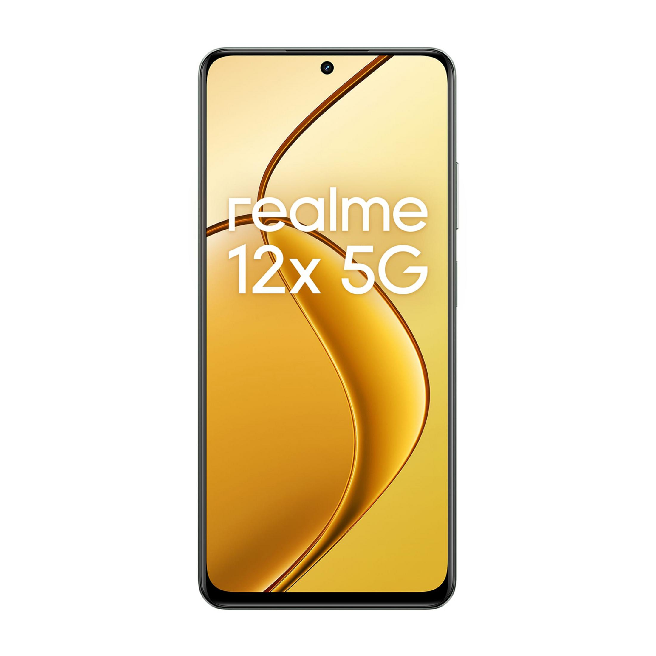 Un smartphone con 'realme 12x 5G' sobre fondo dorado.