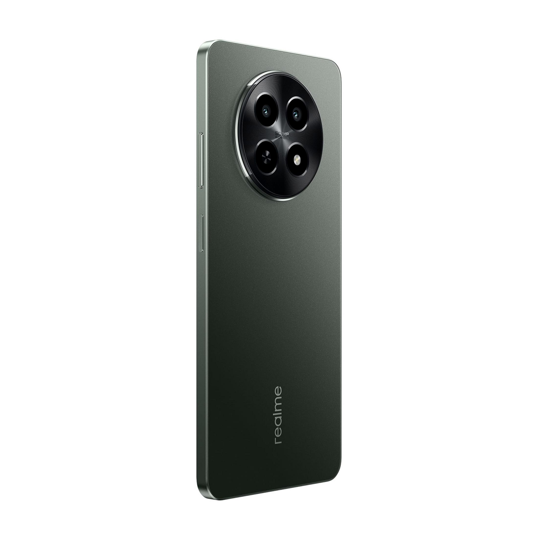 Teléfono inteligente verde oscuro con módulo de cámara redondo y logo Realme.