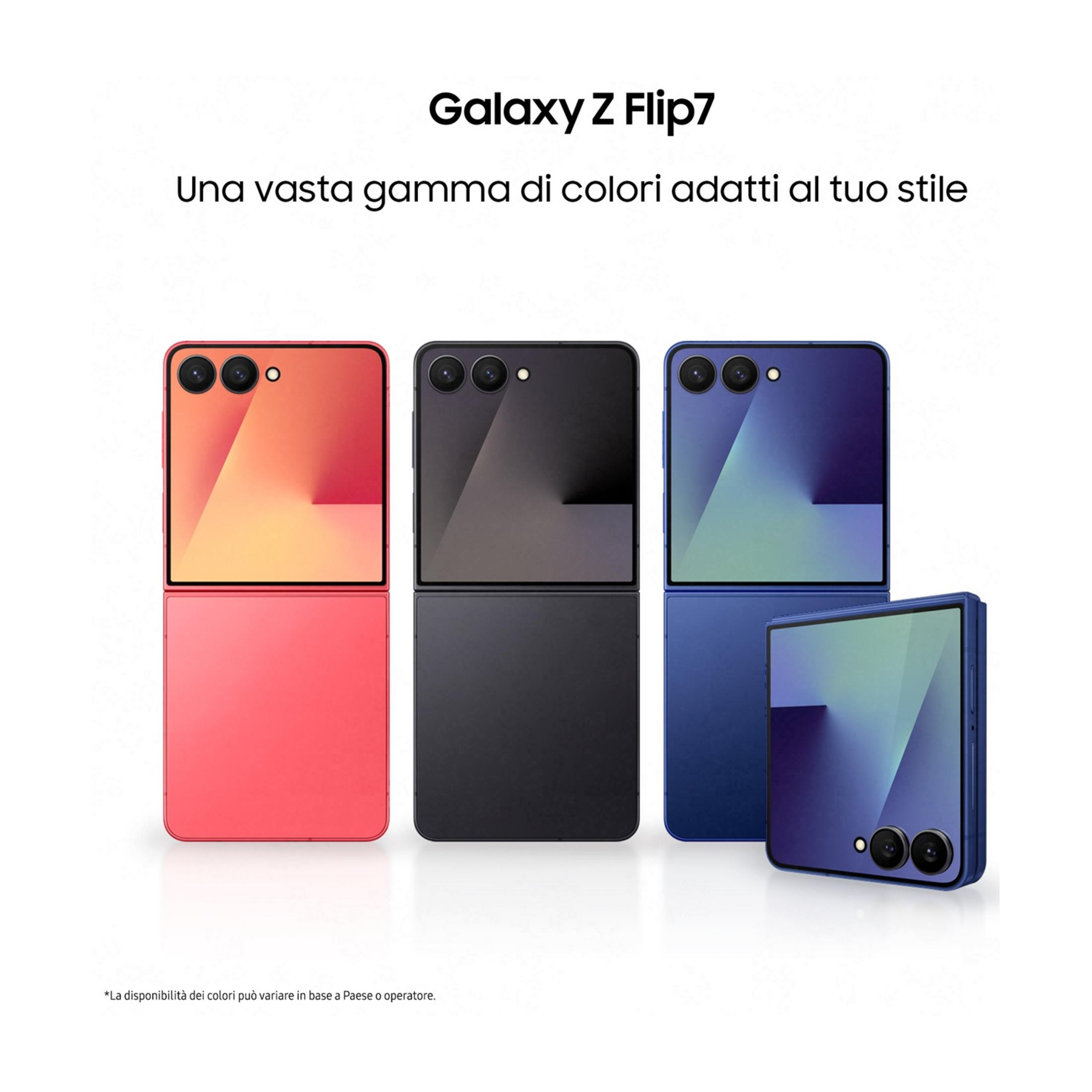 Tres teléfonos Samsung Galaxy Z Flip7 en rojo, negro y azul sobre fondo blanco.