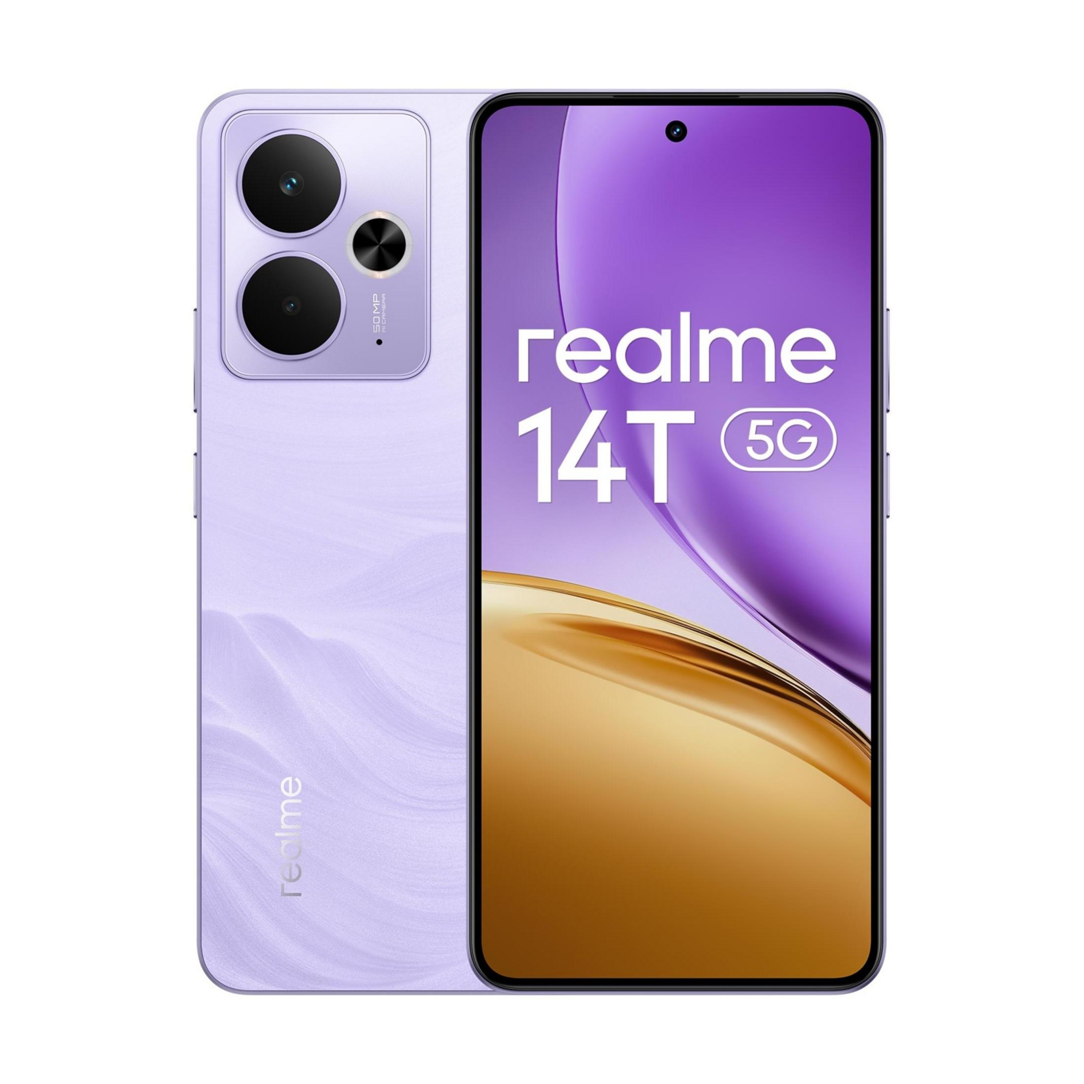 Fioletowy smartfon Realme 14T 5G z trzema tylnymi aparatami i dużym ekranem.