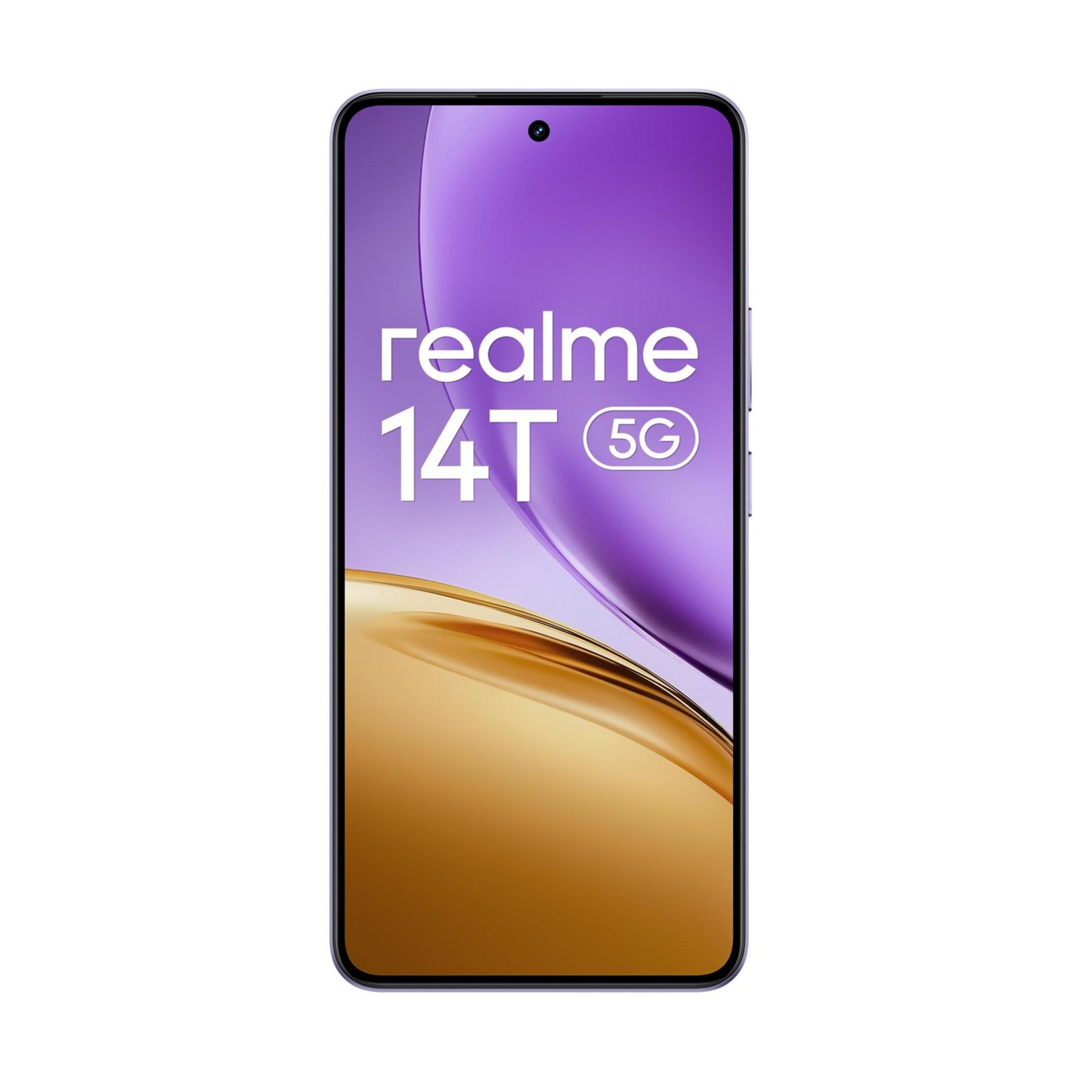 Smartfon Realme 14T 5G z fioletowym tłem.