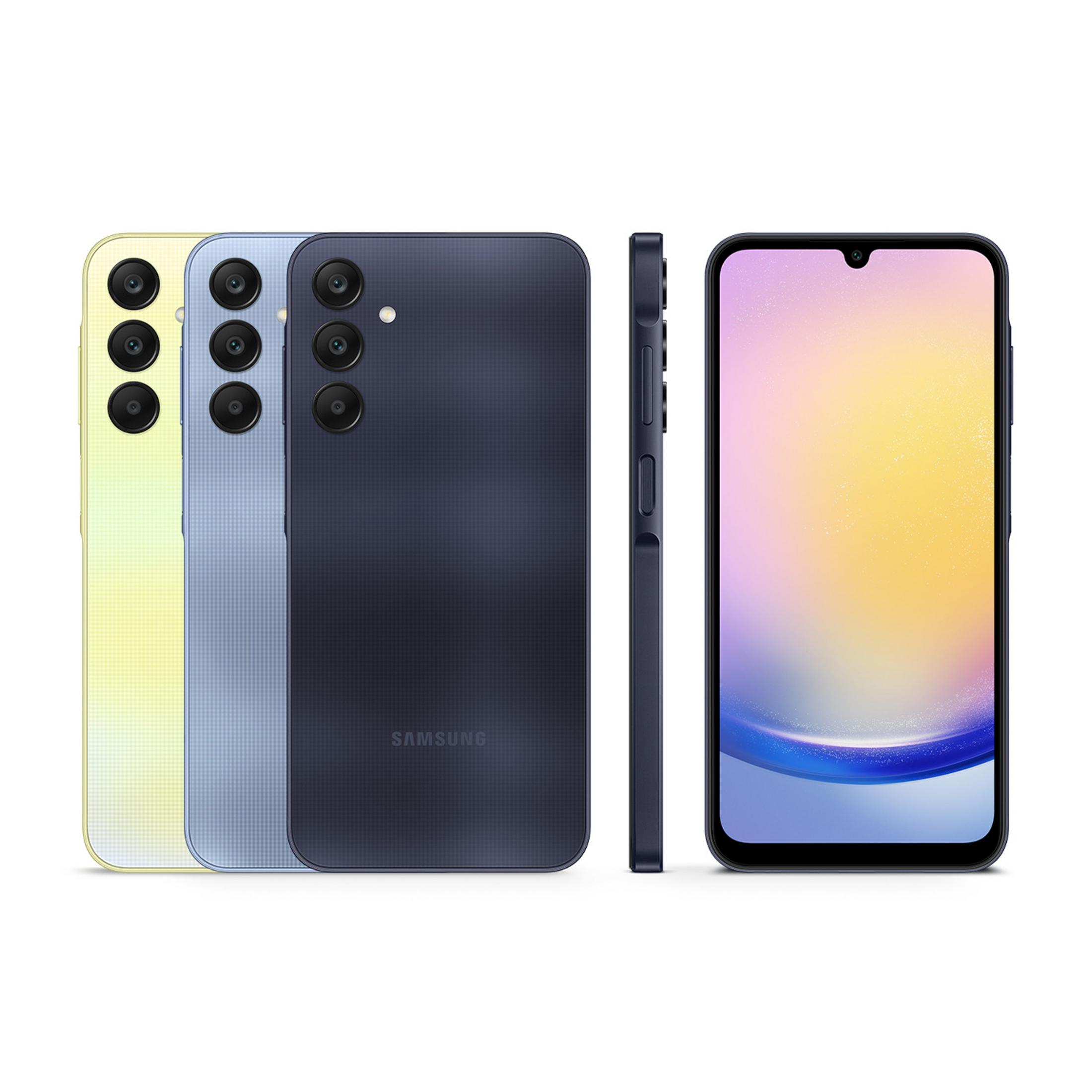 Trzy telefony Samsung obok siebie: żółty, niebieski i granatowy.