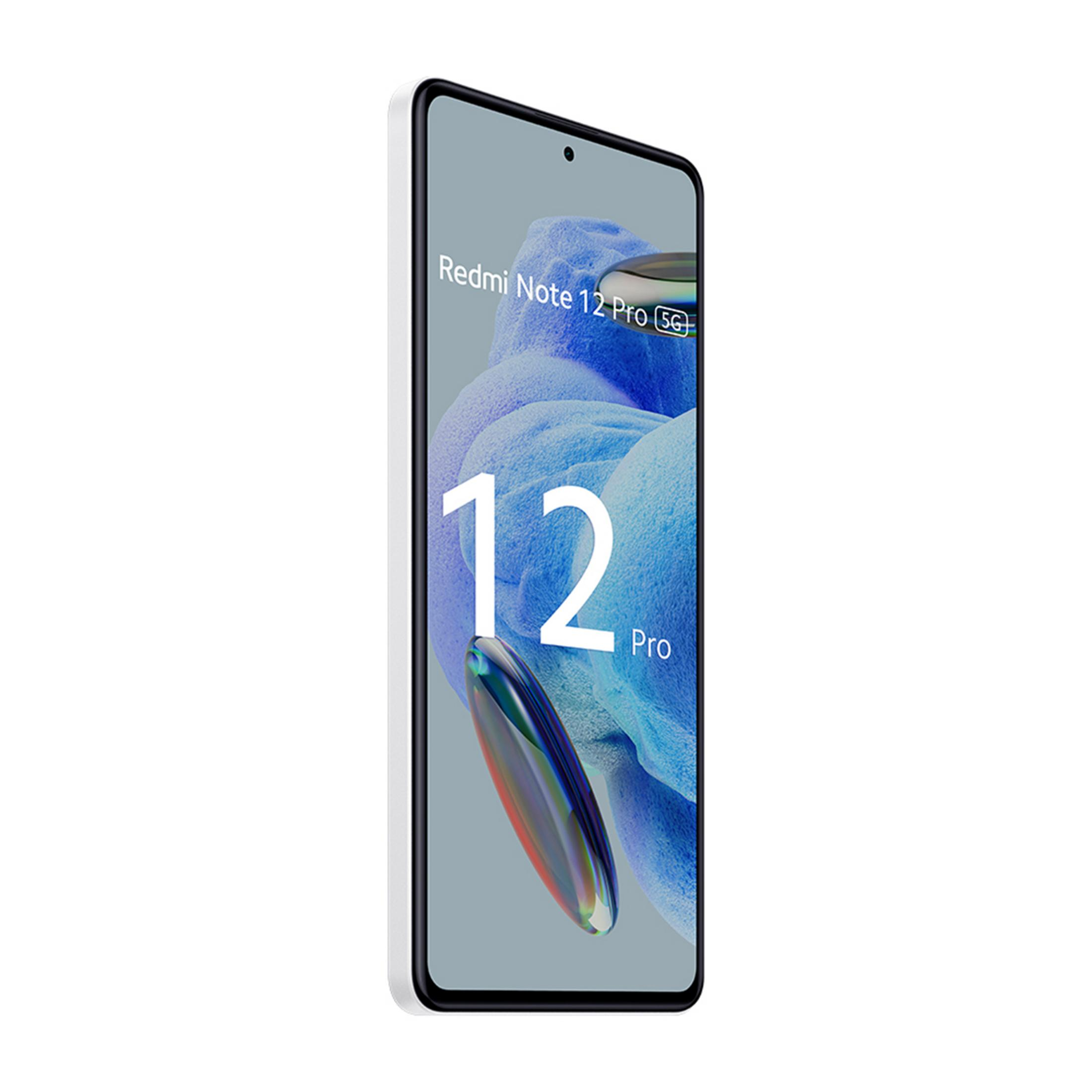 Biały smartfon z dużym ekranem, na którym widnieje "Redmi Note 12 Pro 5G".