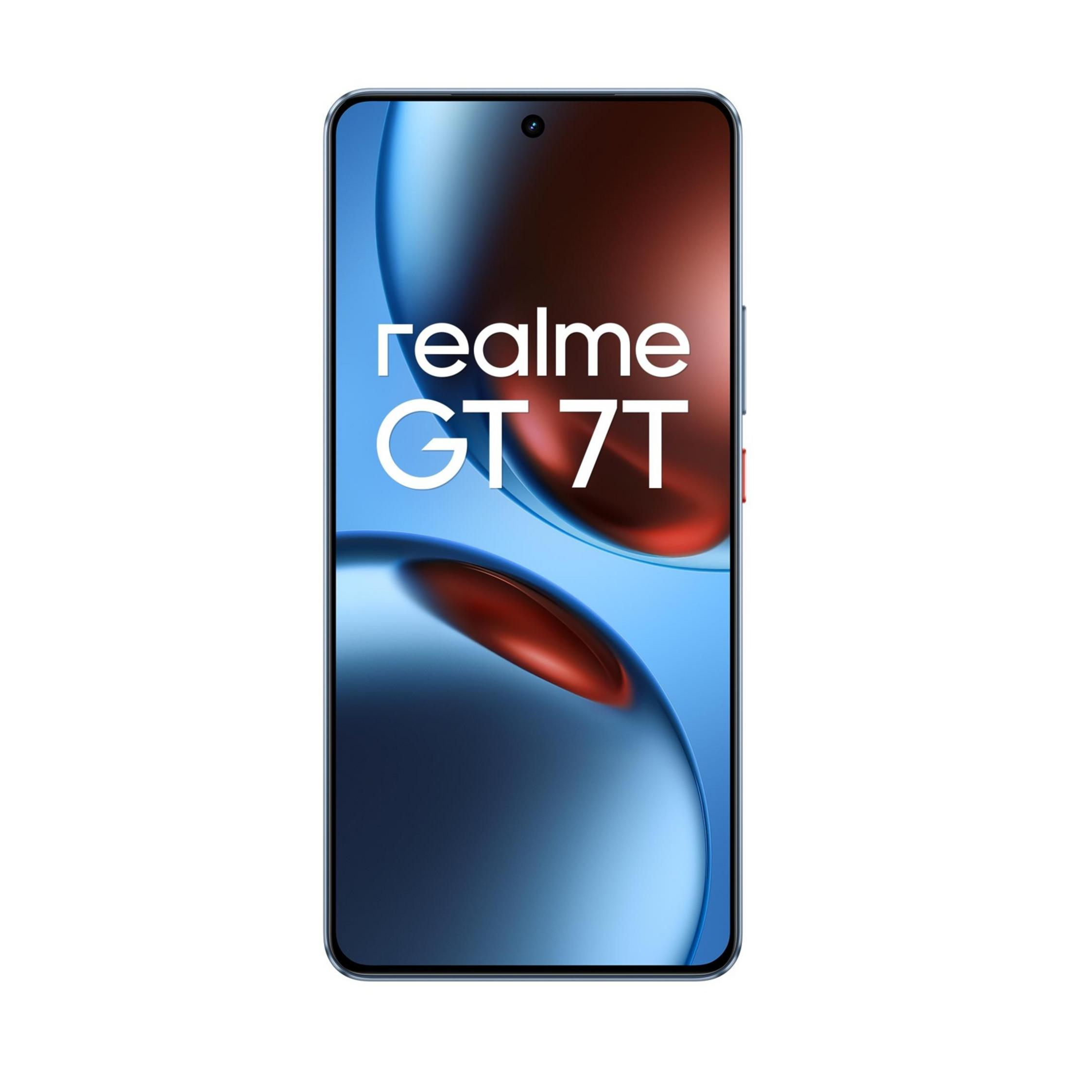 Smartfon Realme GT 7T z niebieskim tłem i czerwonymi akcentami.