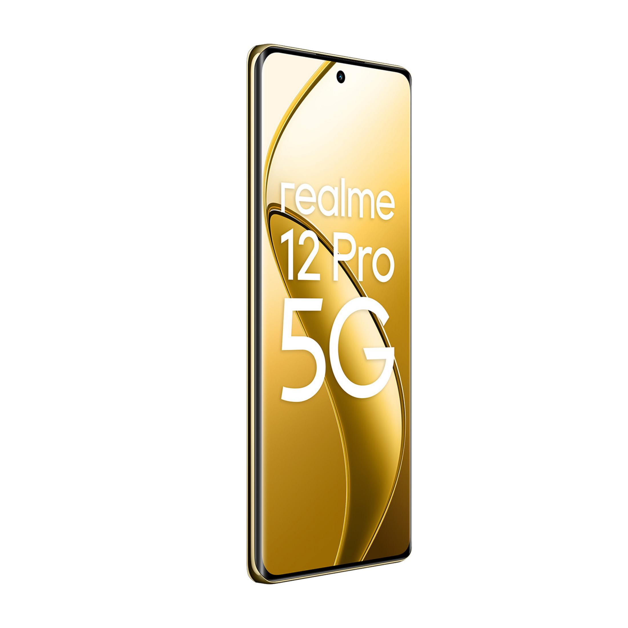 Złoty smartfon Realme 12 Pro 5G z białym napisem.