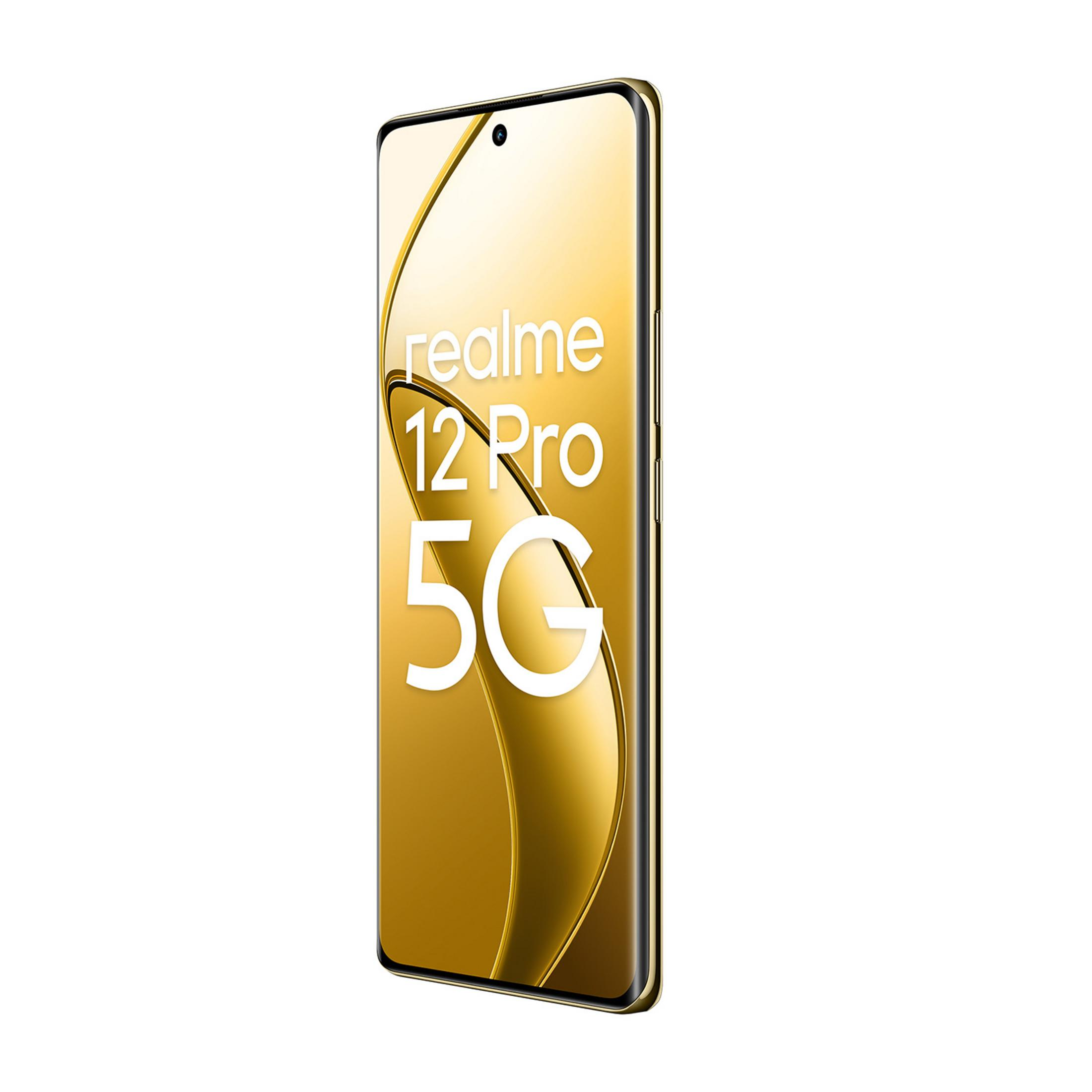 Złoty smartfon z napisem „realme 12 Pro 5G” na ekranie.