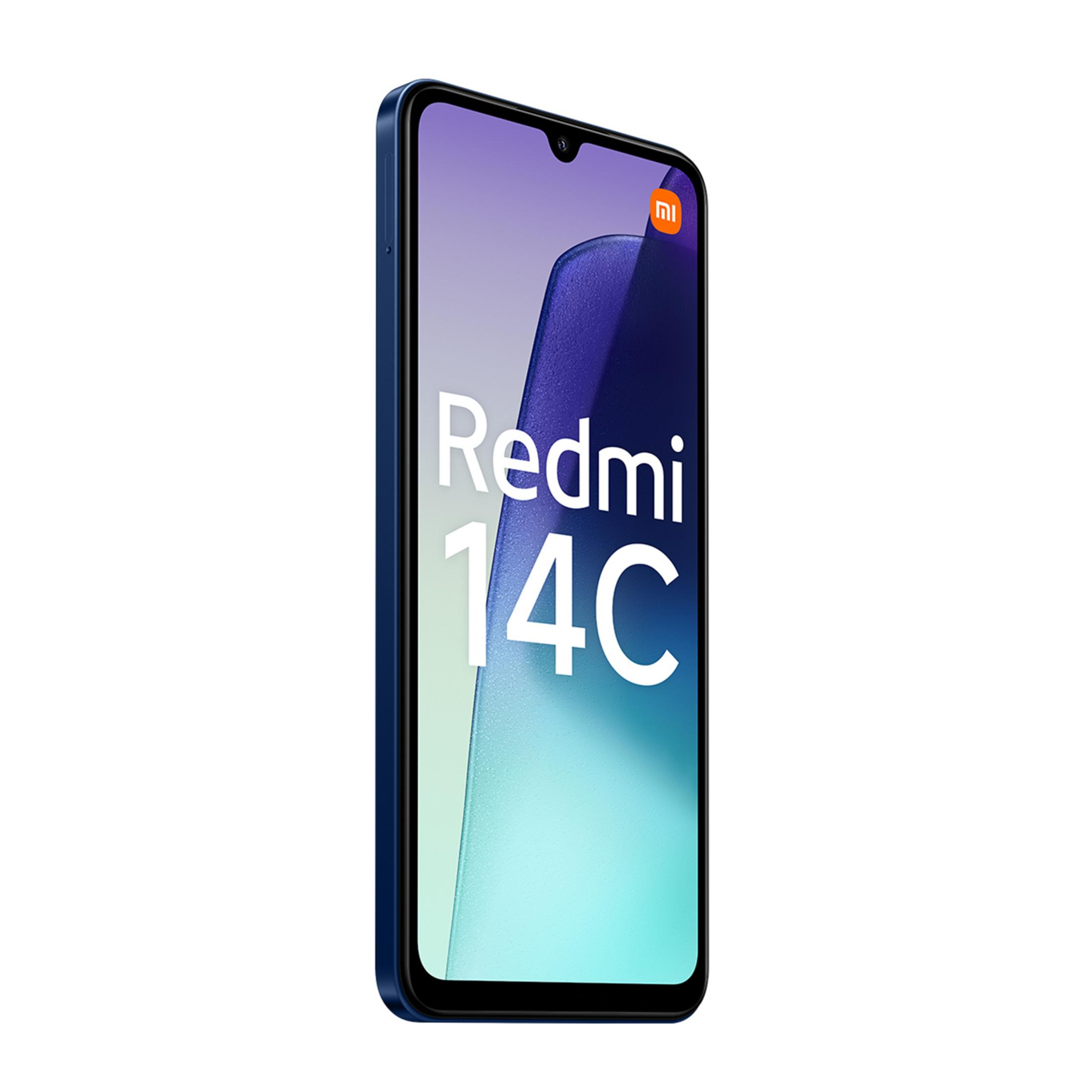 Niebieski smartfon Redmi 14C z wycięciem na ekranie w kształcie kropli.