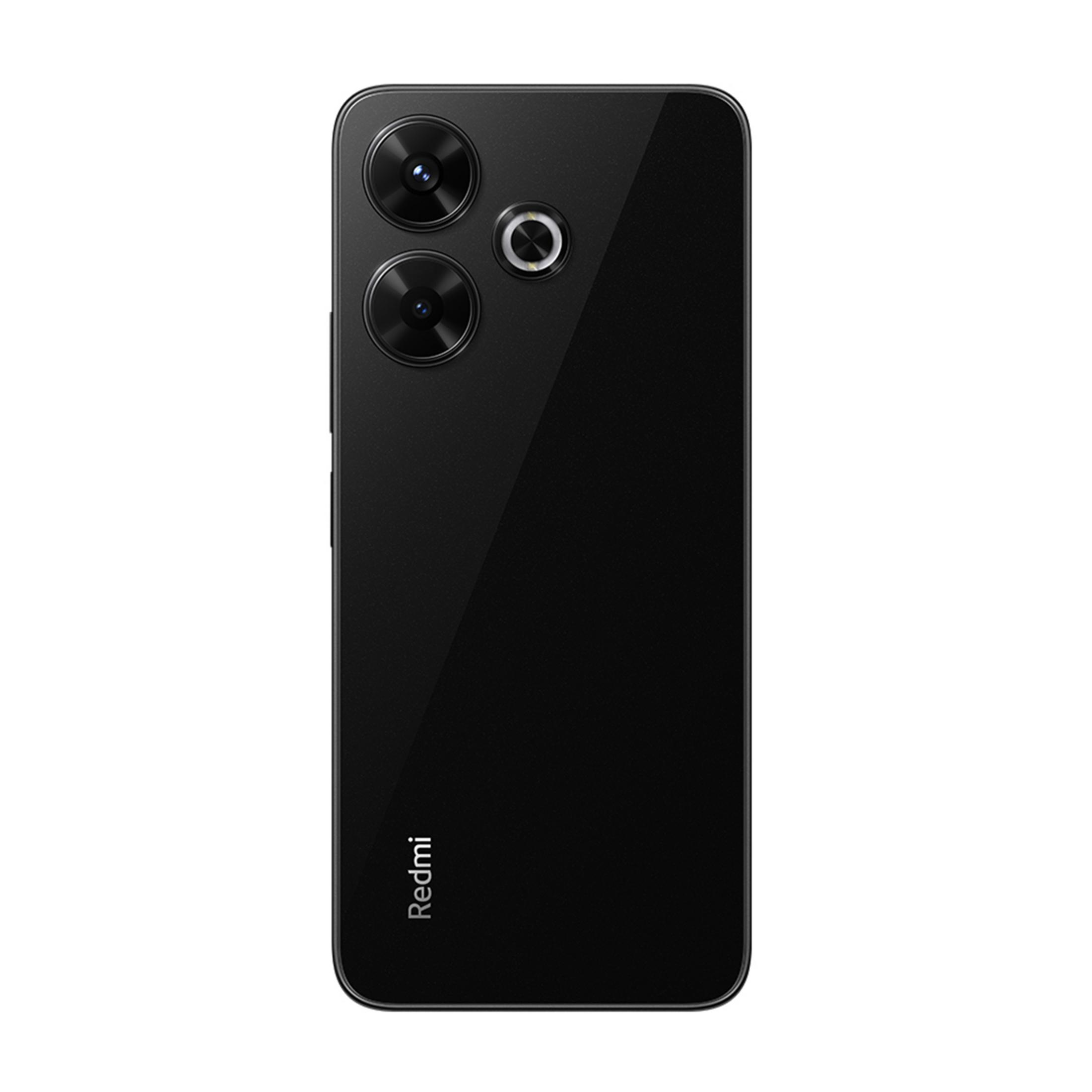 Reverso de un smartphone Redmi negro con dos cámaras y flash.
