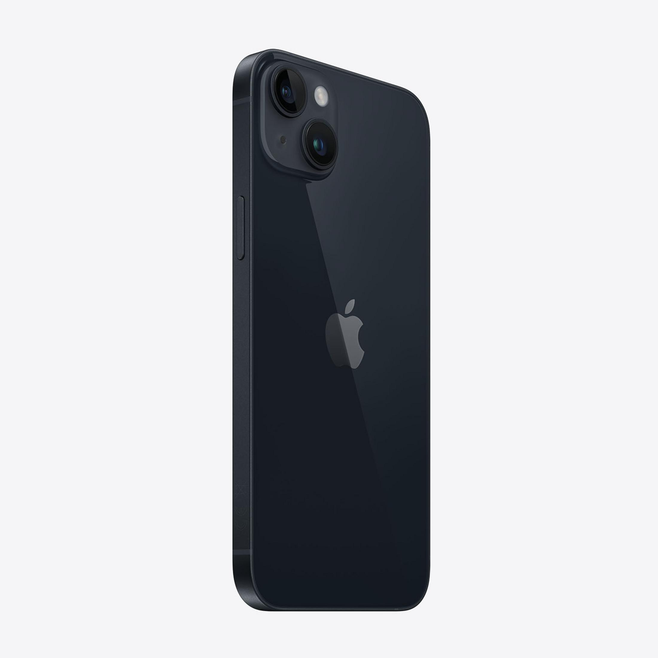 Ciemnoniebieski iPhone z logo Apple i dwoma tylnymi aparatami, pokazany pod kątem.