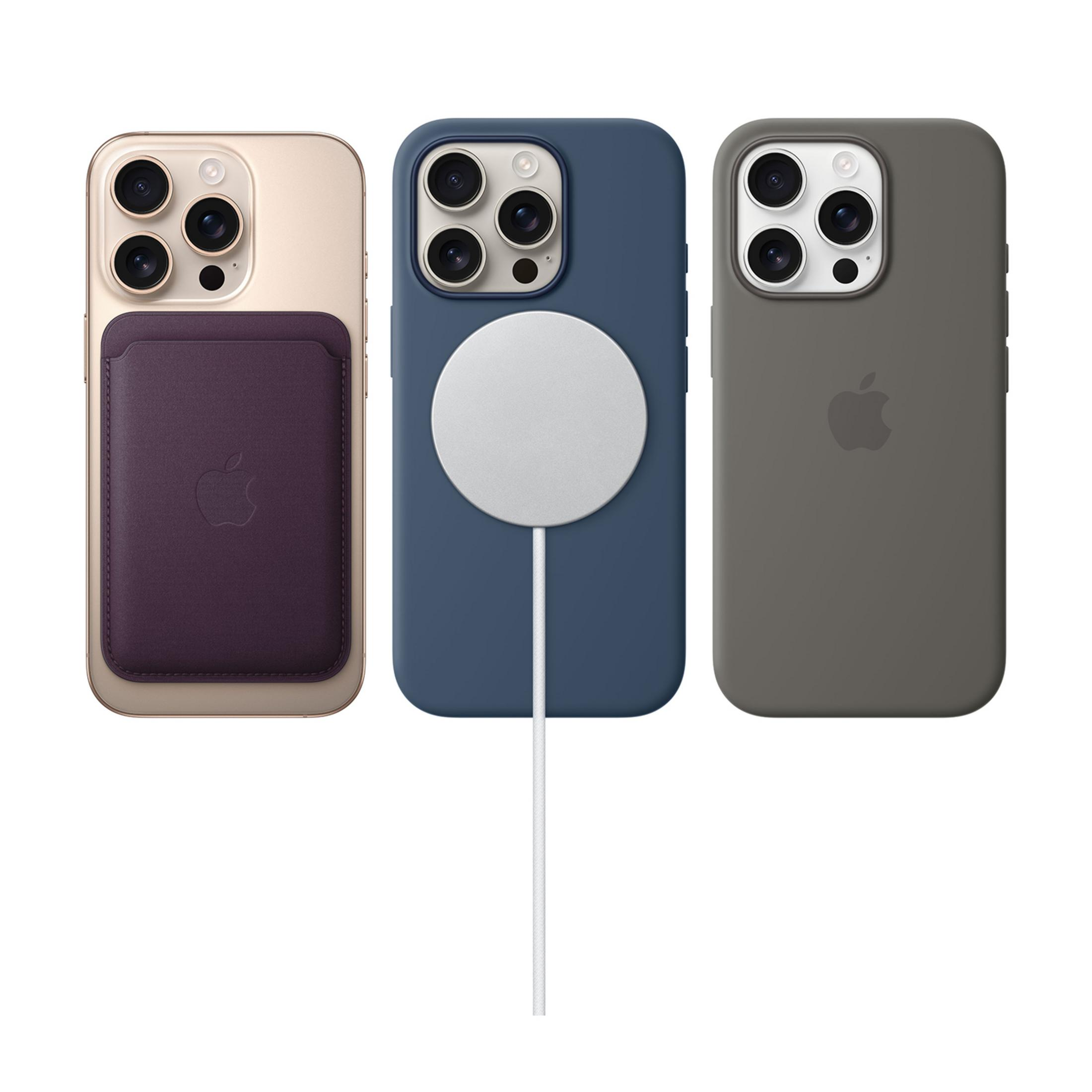 Trzy iPhone z aparatami: jeden złoty z fioletowym etui na karty. Niebieski z kablem. Szary.