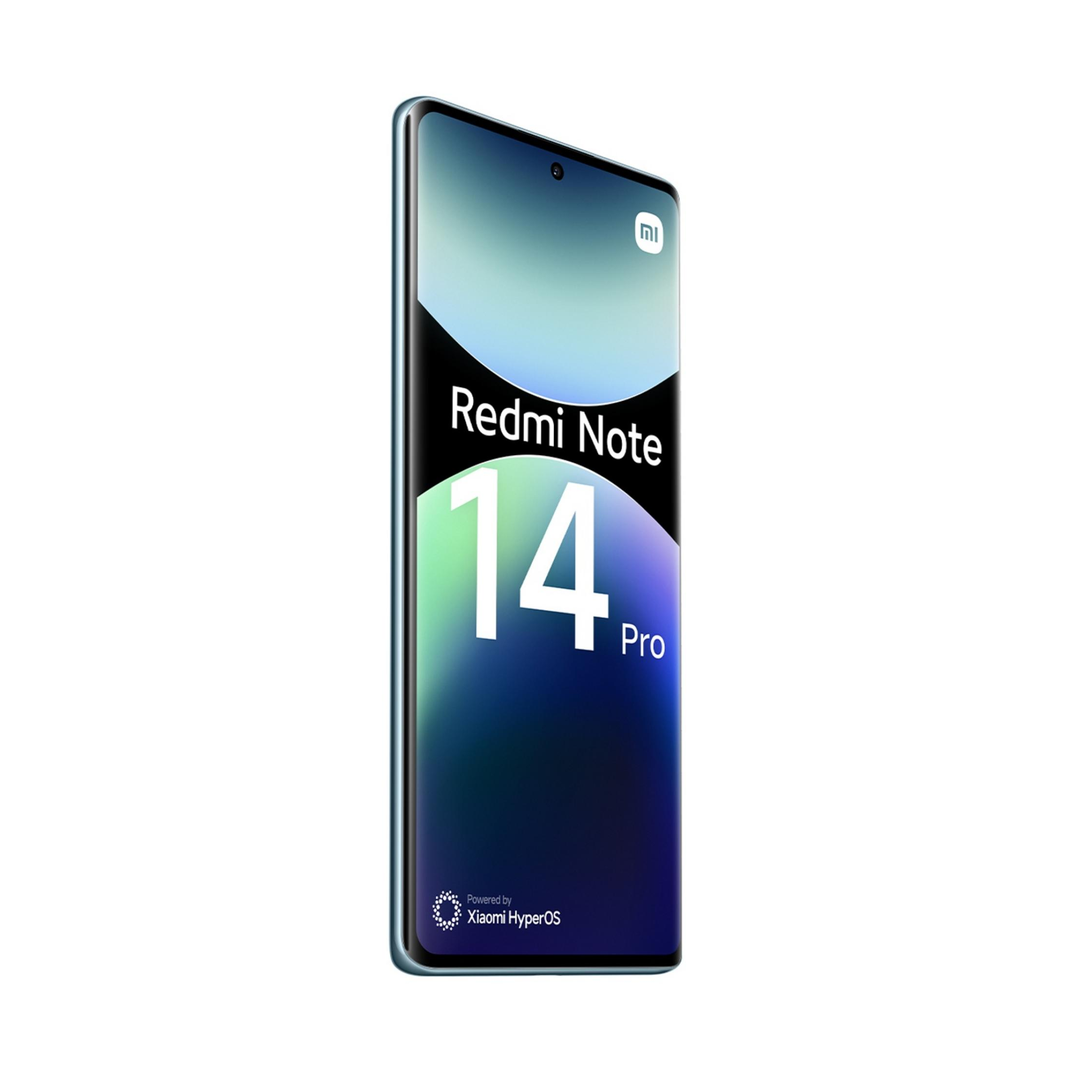 Smartphone Redmi Note 14 Pro con pantalla degradada y logo Xiaomi HyperOS.