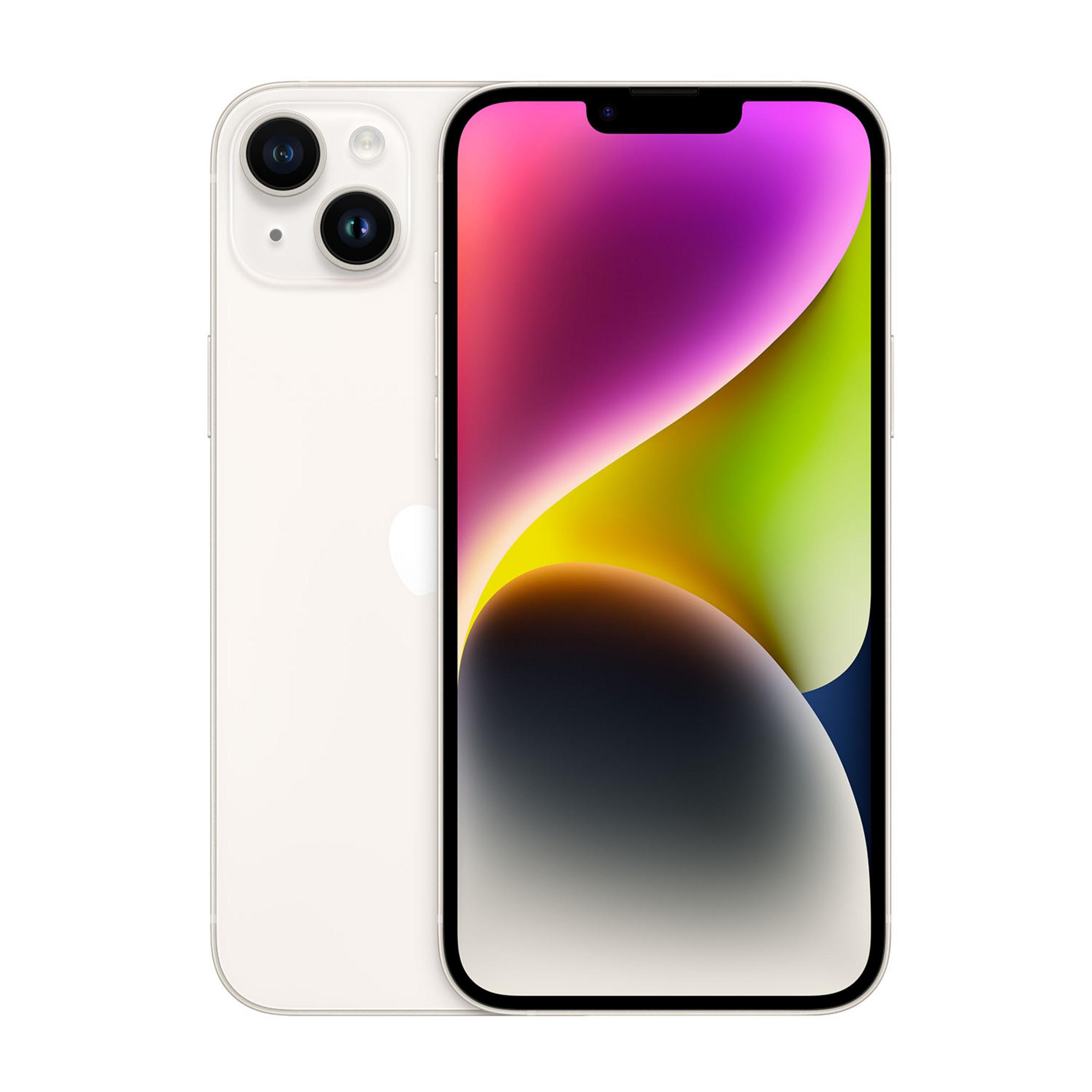 Biały iPhone z podwójnym aparatem z tyłu i kolorowym ekranem.