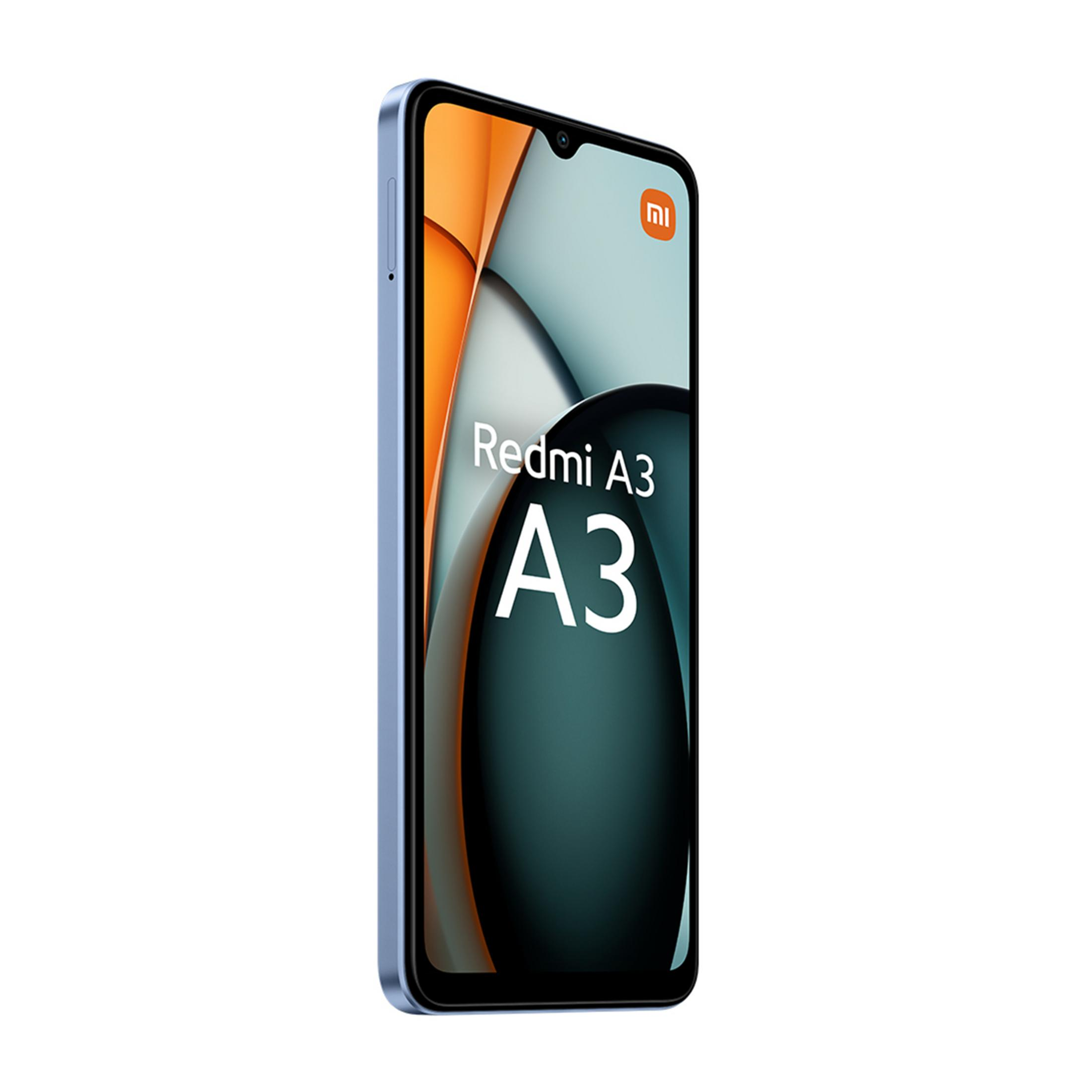 Niebieski smartfon Xiaomi Redmi A3 z ekranem w kolorze pomarańczowym i szarym.