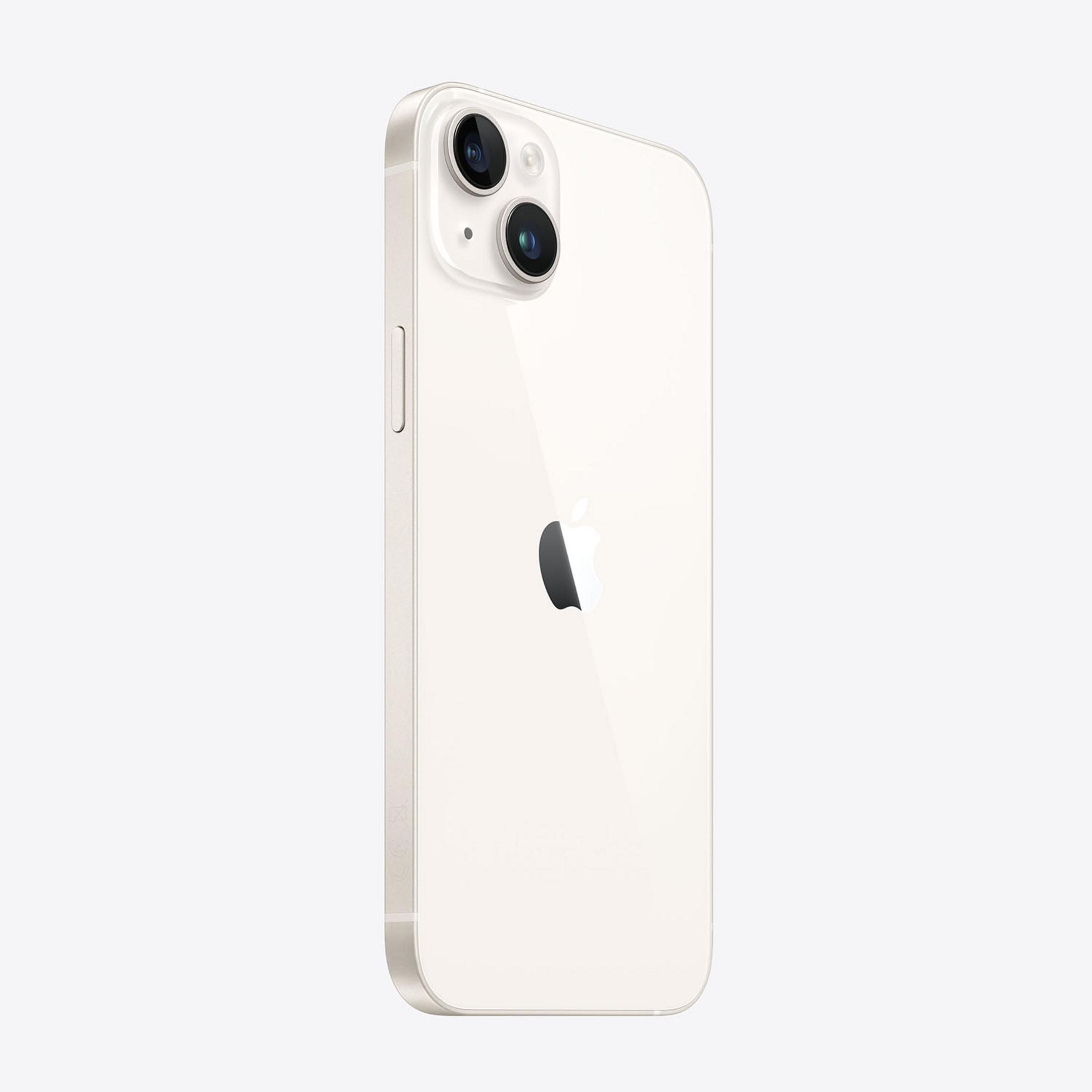 Biały iPhone 14 z dwoma aparatami i logo Apple.