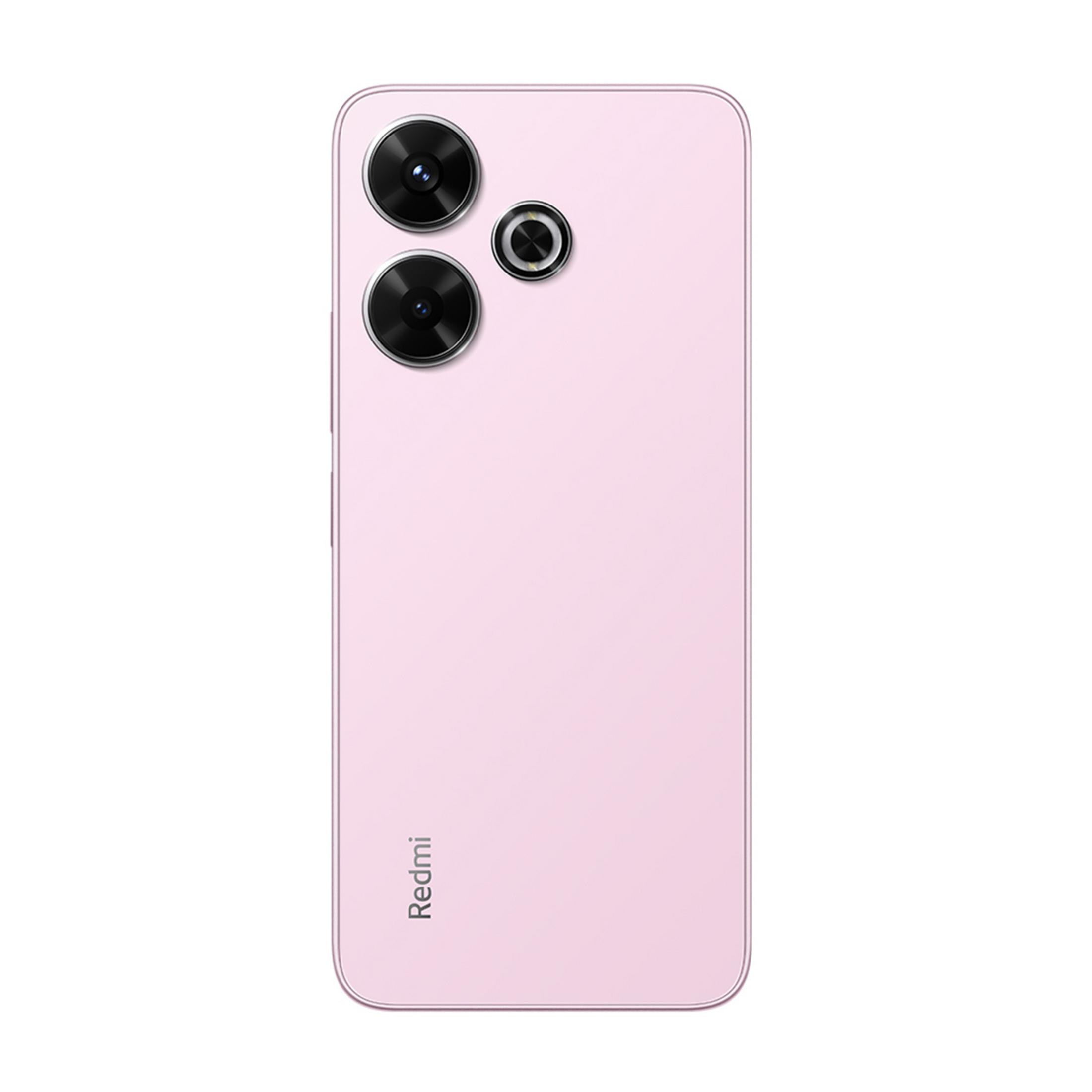 Parte trasera de un smartphone rosa con tres cámaras y el logo de Redmi.