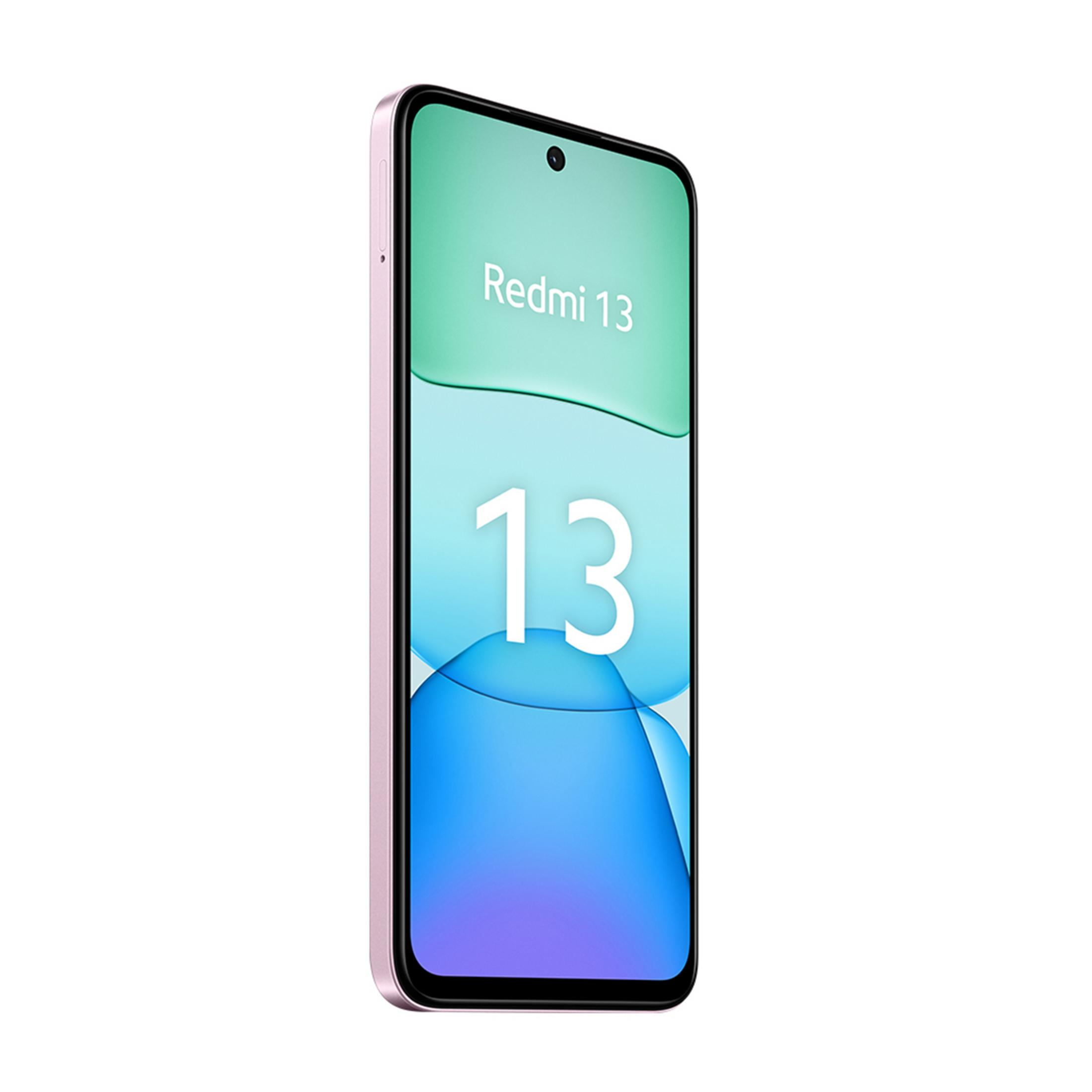 Un smartphone rosa que muestra "Redmi 13" y el número "13" en pantalla.