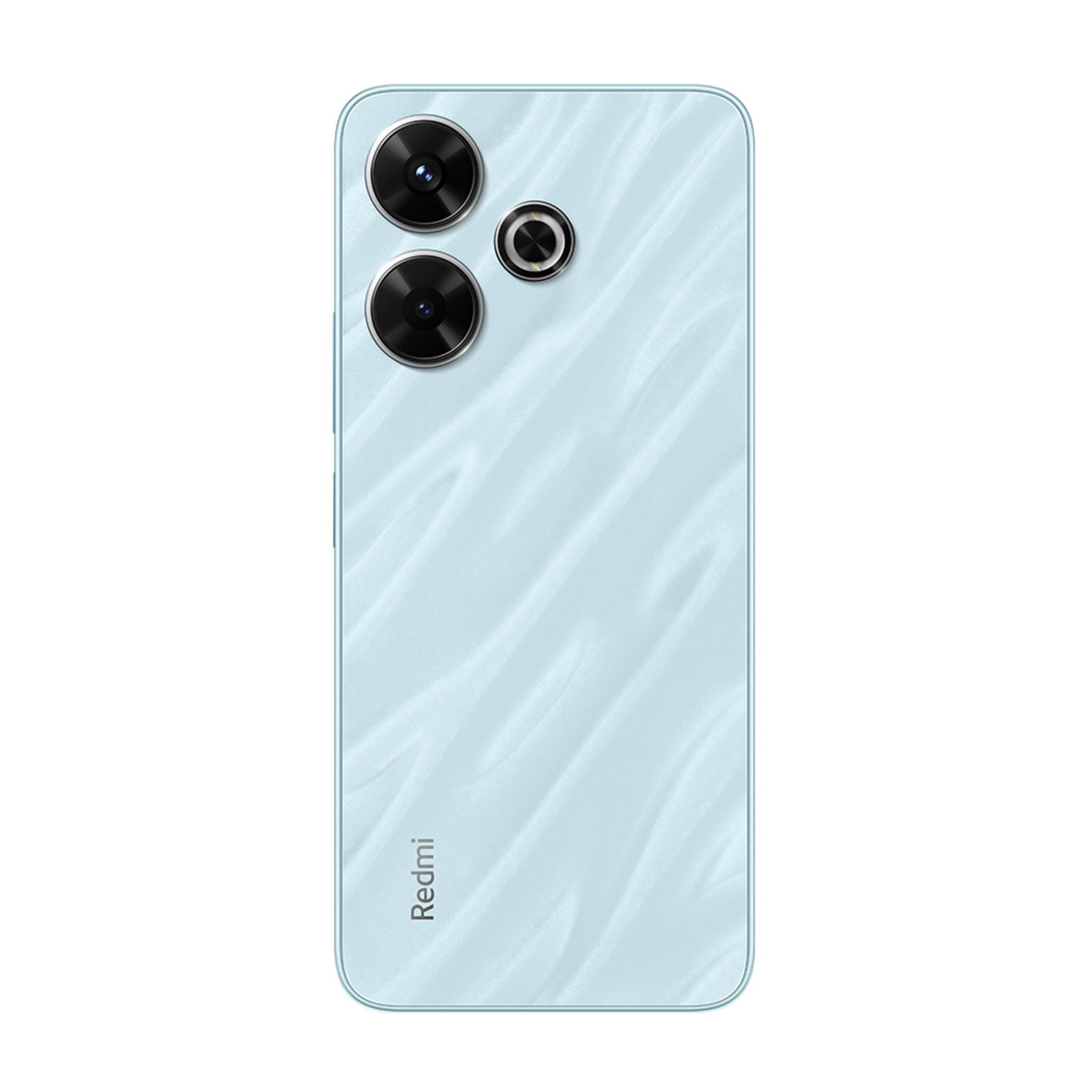 Uno smartphone azzurro con tre fotocamere posteriori e il logo Redmi.