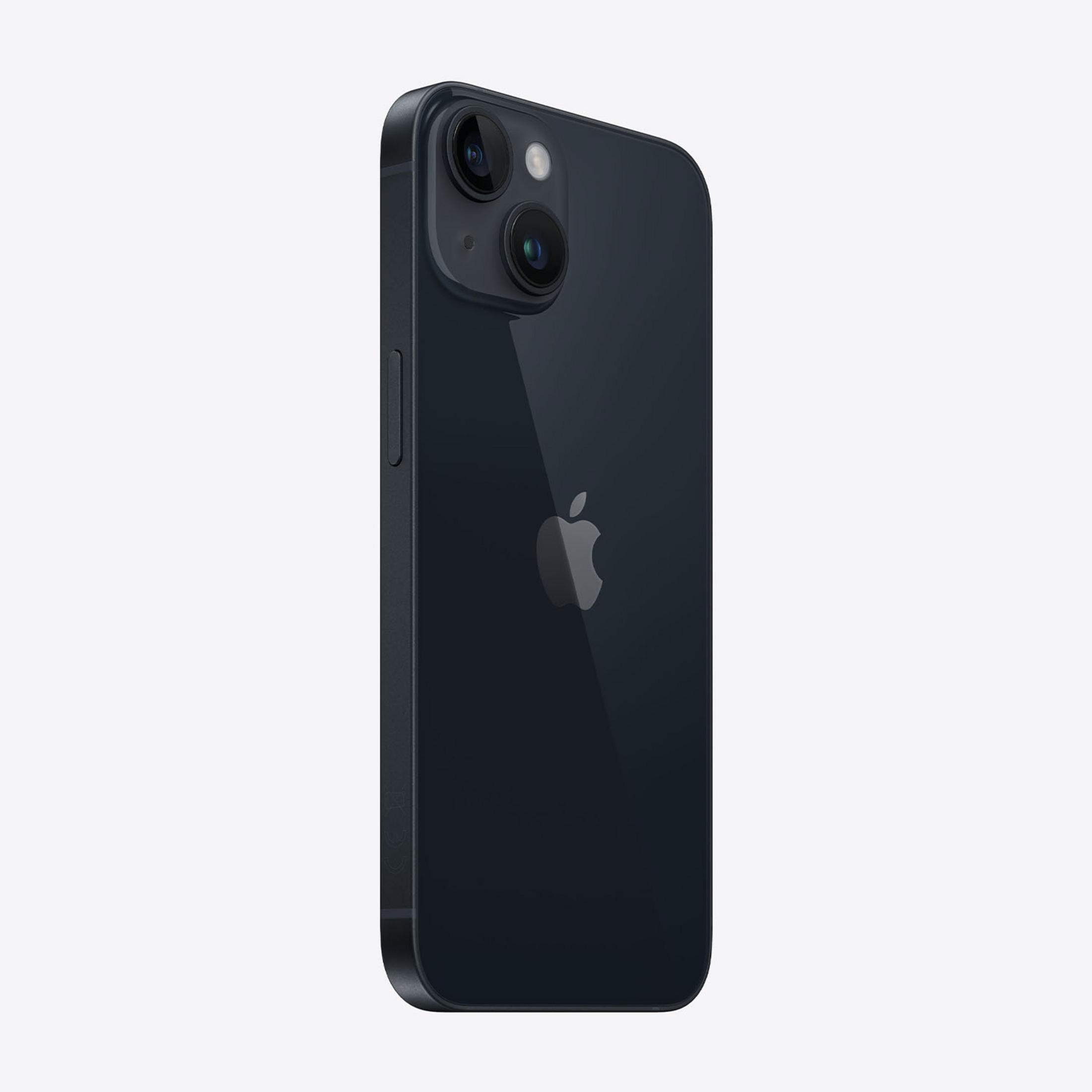 Ciemnoniebieski iPhone z dwoma aparatami i logo Apple na białym tle.