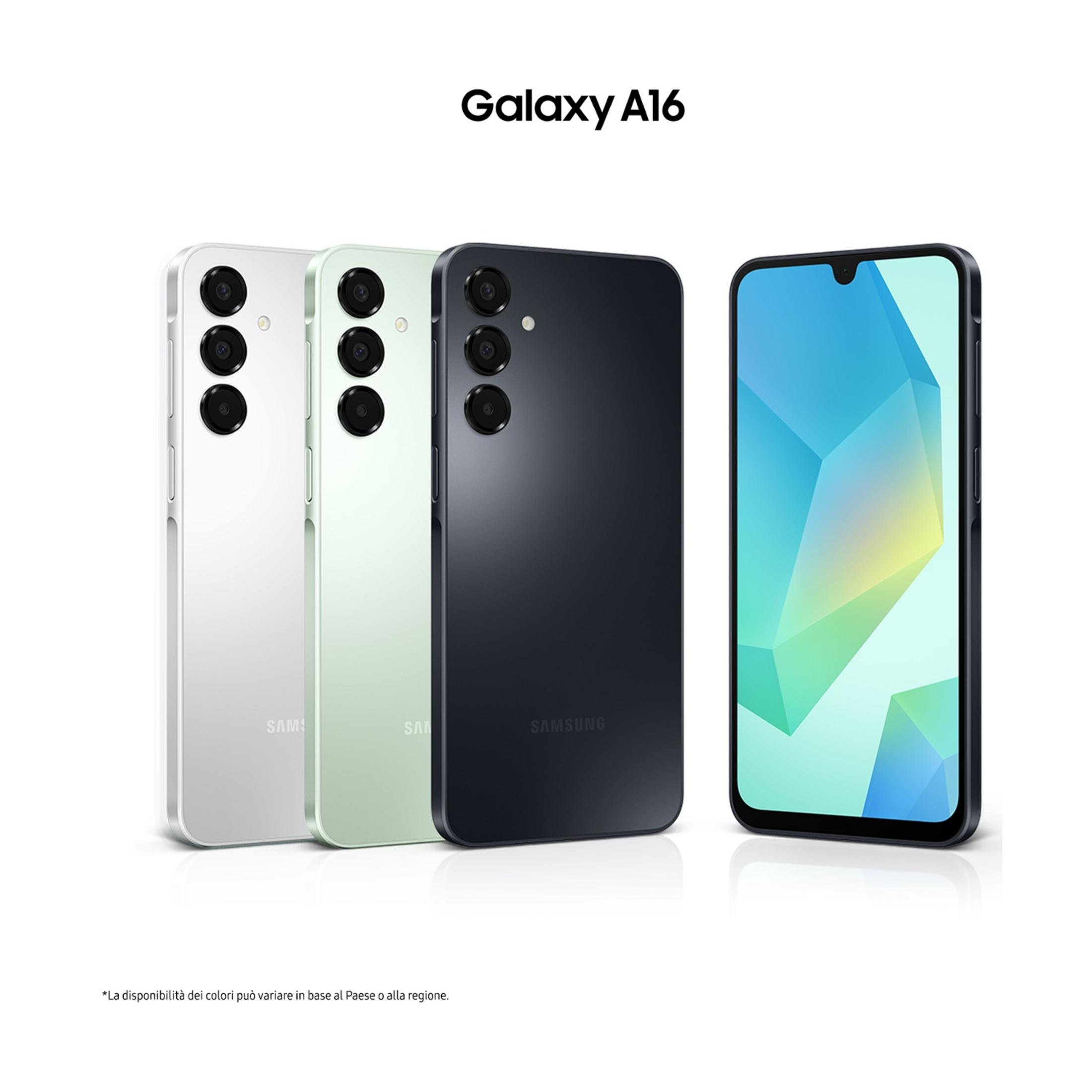 Tre telefoni Samsung Galaxy A16 in argento, verde e nero.