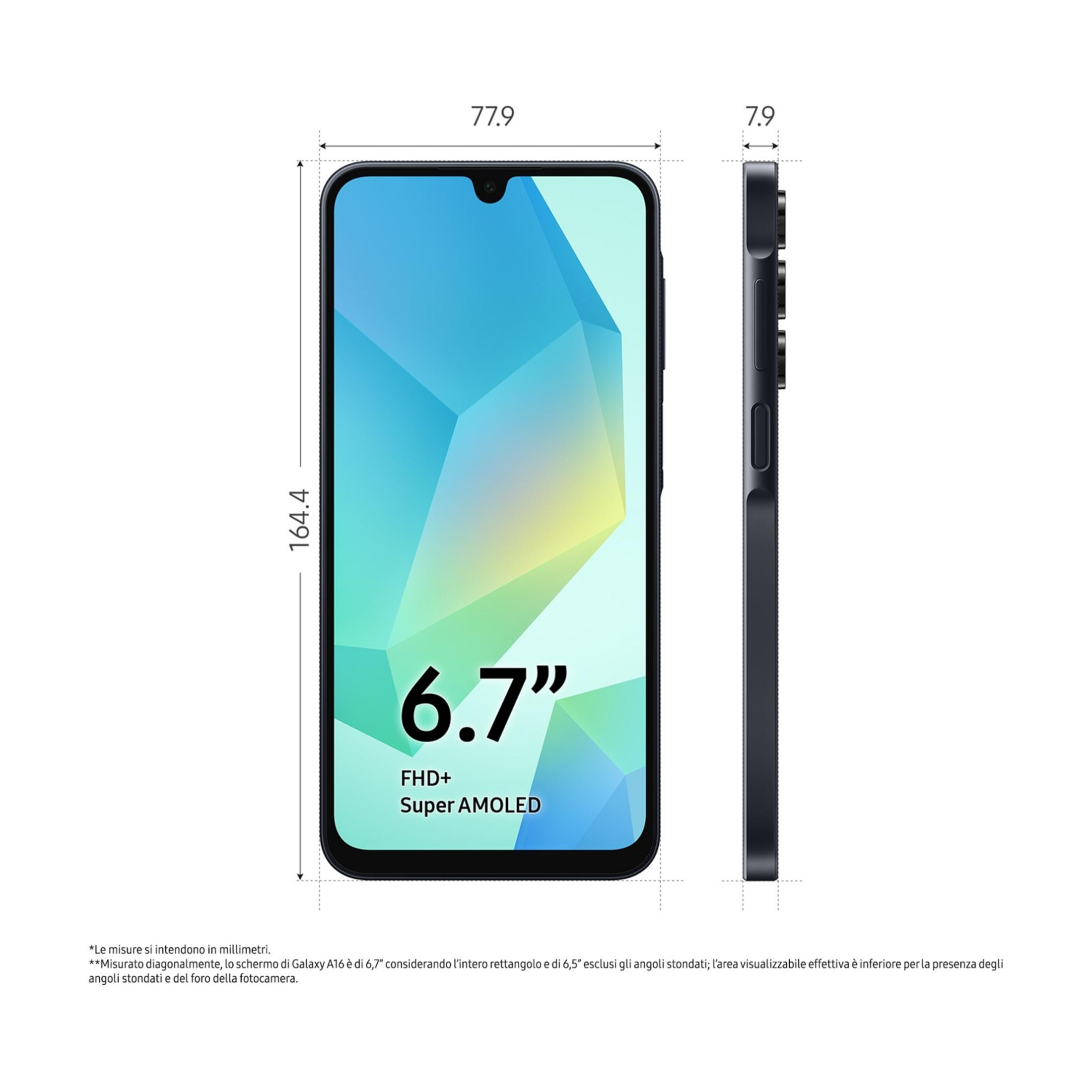 Uno smartphone scuro con dimensioni: 164,4 mm altezza, 77,9 mm larghezza, 7,9 mm profondità.