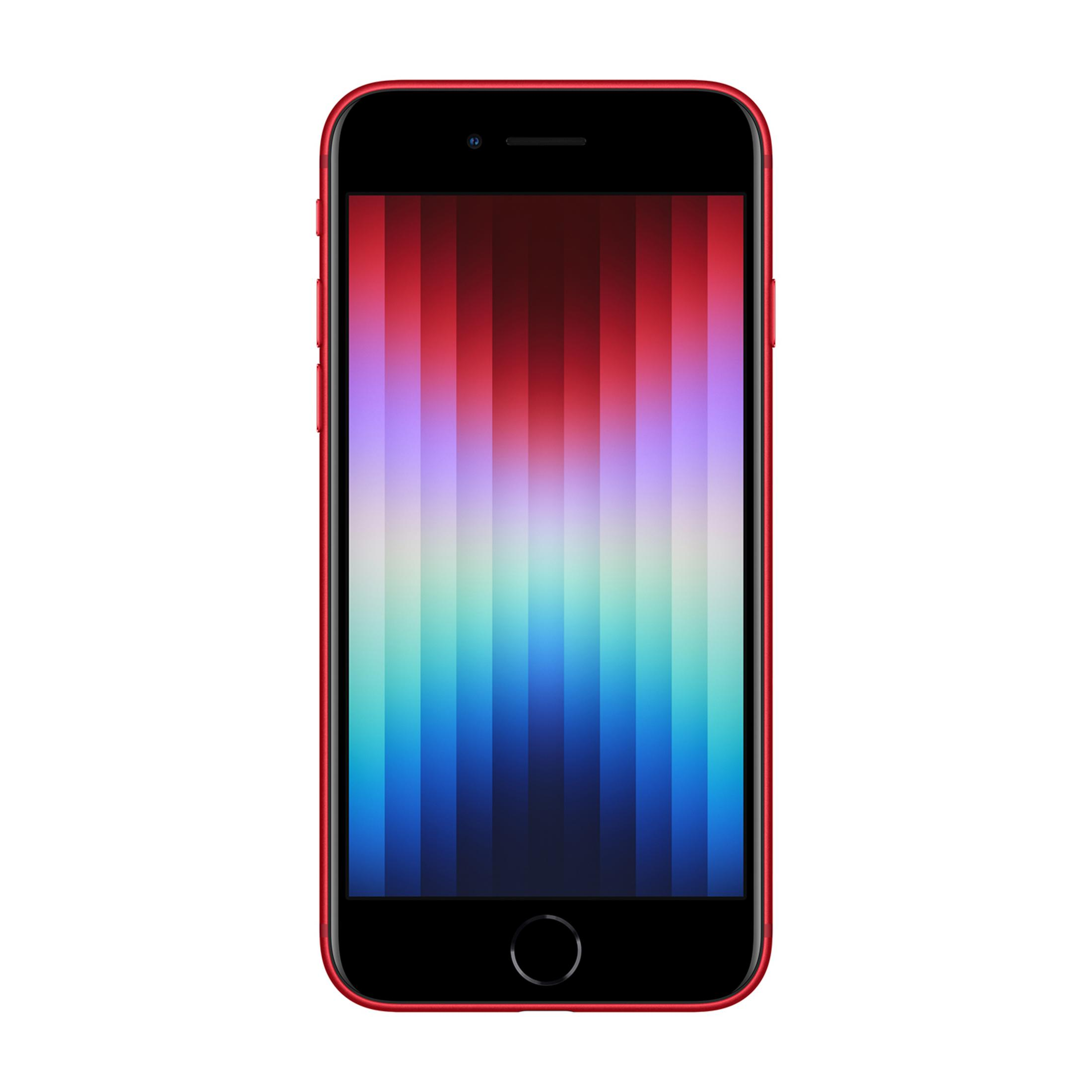 Czerwony smartfon z pionowymi kolorowymi paskami na ekranie.