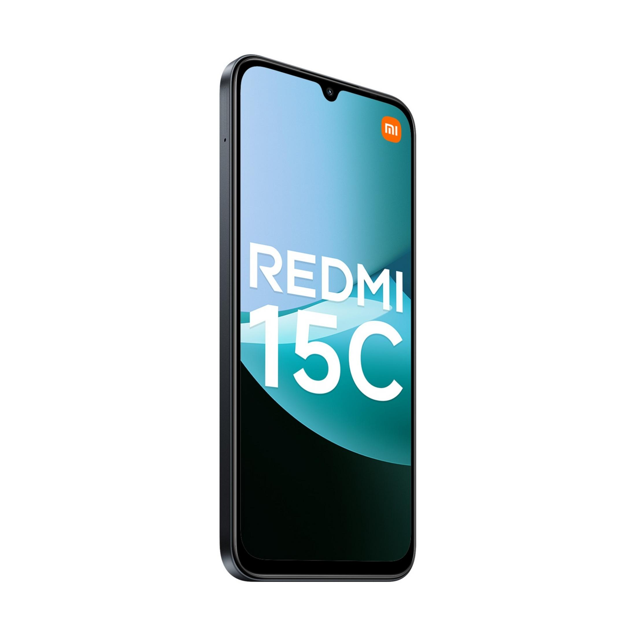 Czarny smartfon Redmi 15C z białym napisem na ekranie.