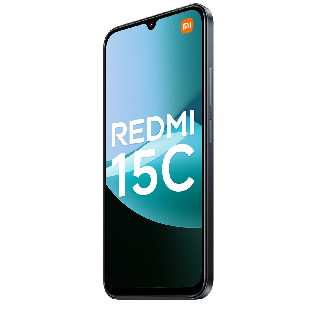 Ciemny smartfon z napisem REDMI 15C na ekranie.
