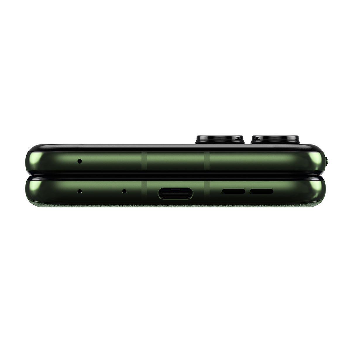 Zielony smartfon zamknięty, widok z boku pokazujący porty i przyciski.