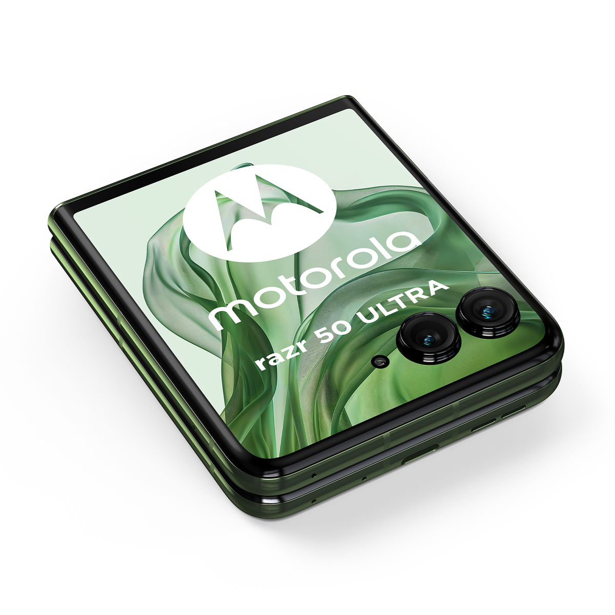 Ciemnozielony telefon składany Motorola Razr 50 Ultra z podwójnym obiektywem na ekranie.