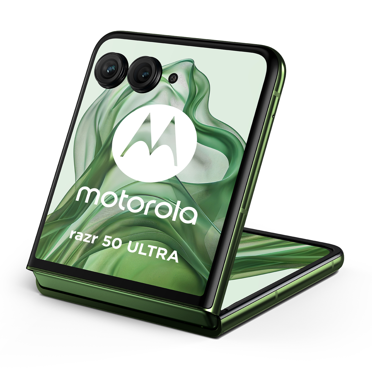Zielony telefon składany Motorola Razr 50 Ultra z dwoma aparatami i logo.