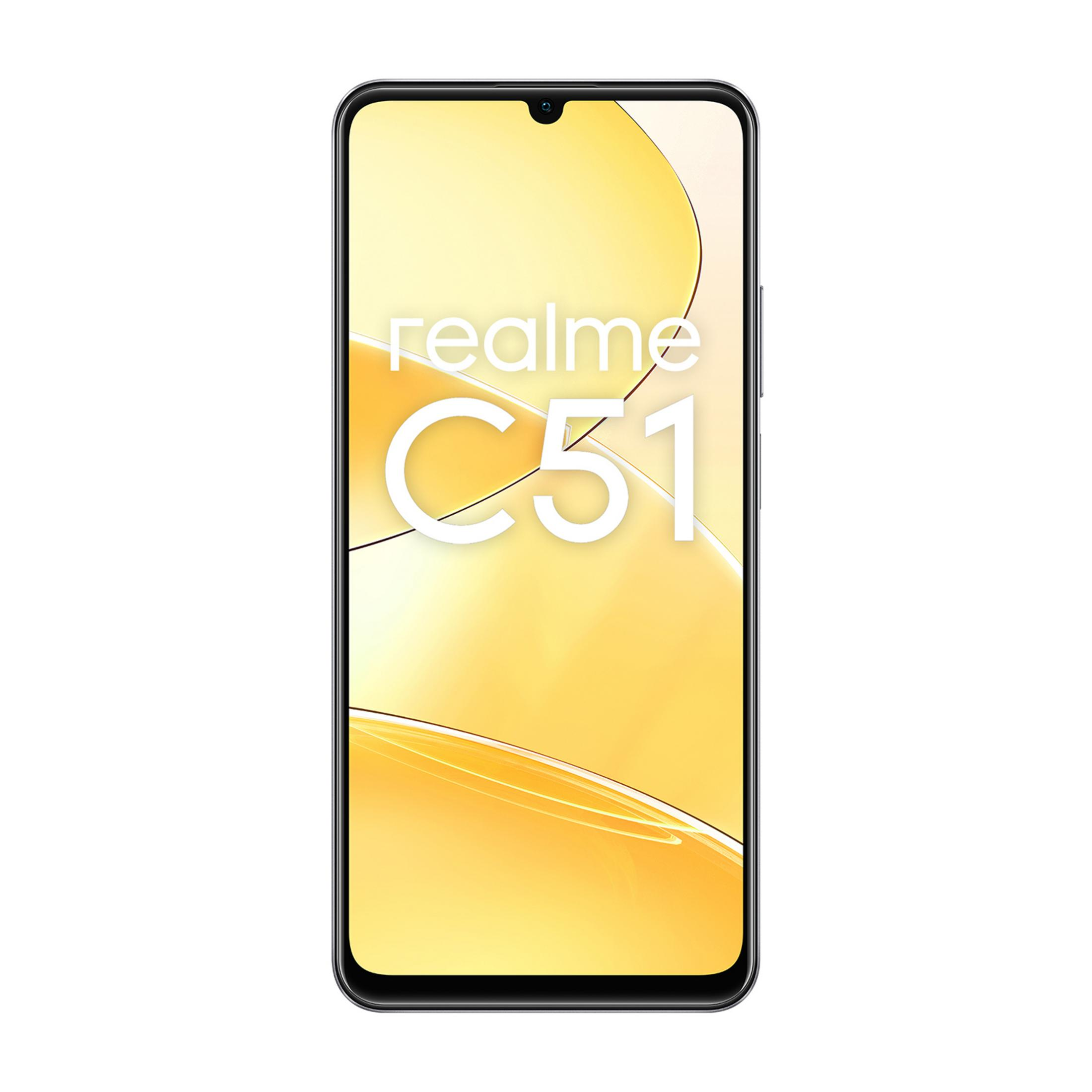 Smartfon Realme C51 na białym tle, z żółtą tapetą.