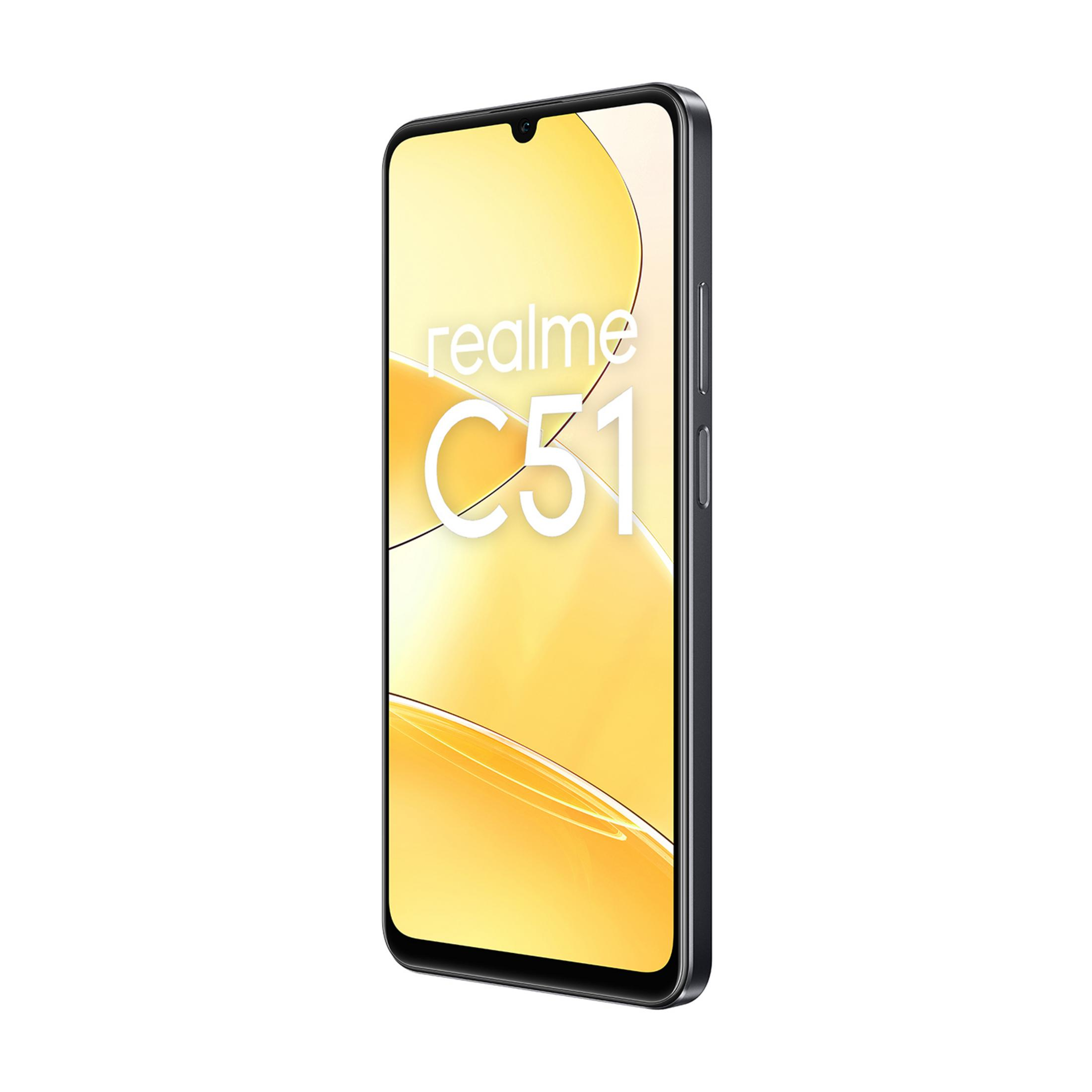 Ciemny smartfon Realme C51 z żółtym tłem na ekranie.