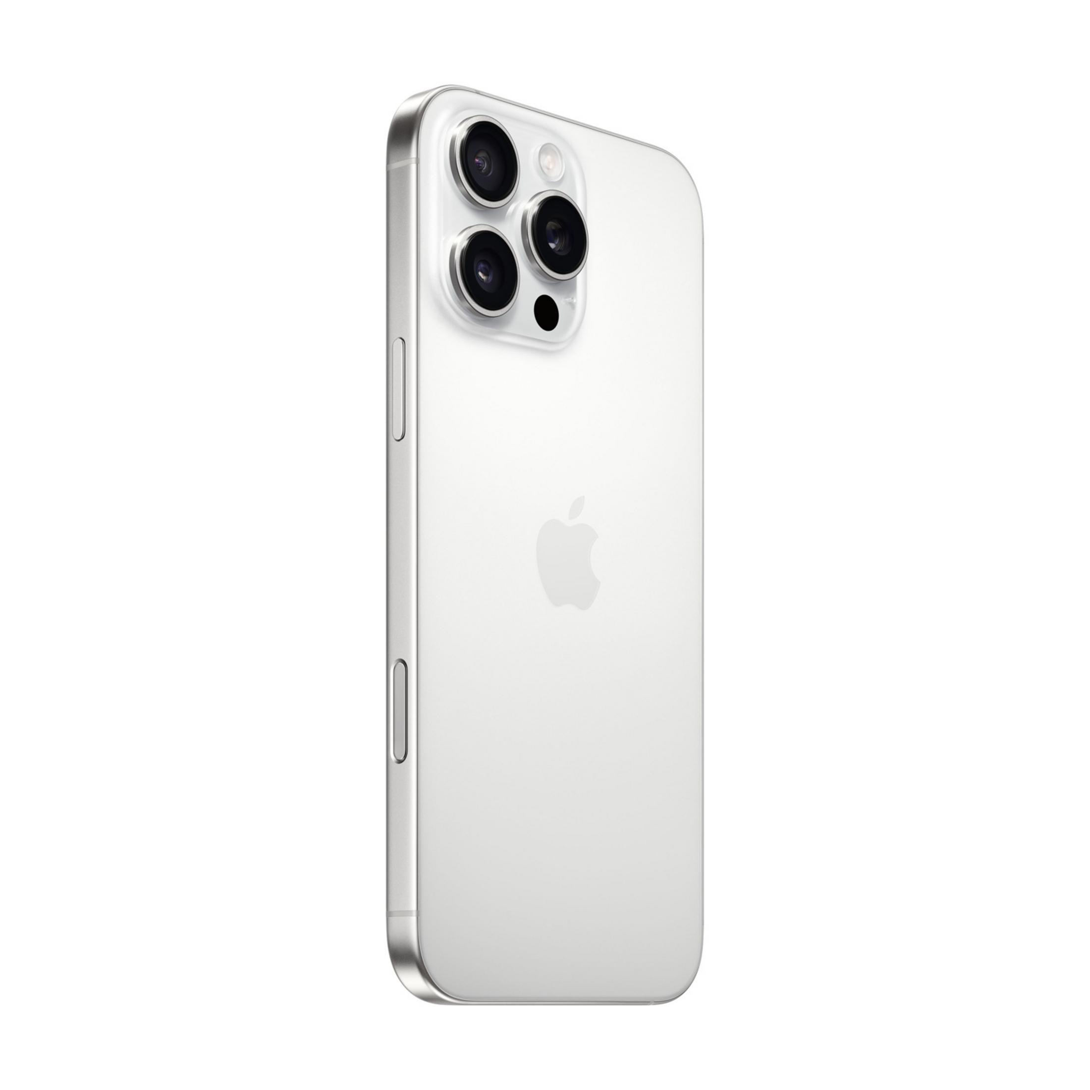 Biały iPhone z trzema aparatami, srebrną ramką i logo Apple.