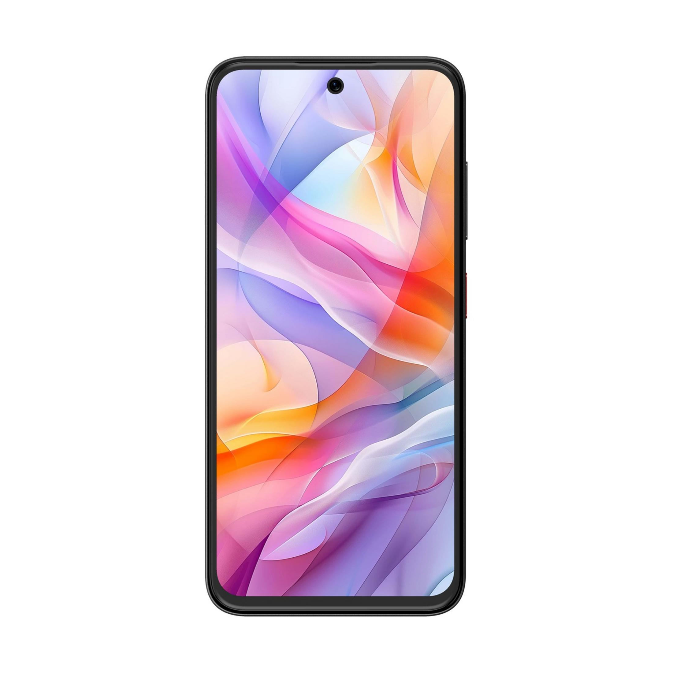 Smartfon wyświetlający kolorową, abstrakcyjną tapetę.