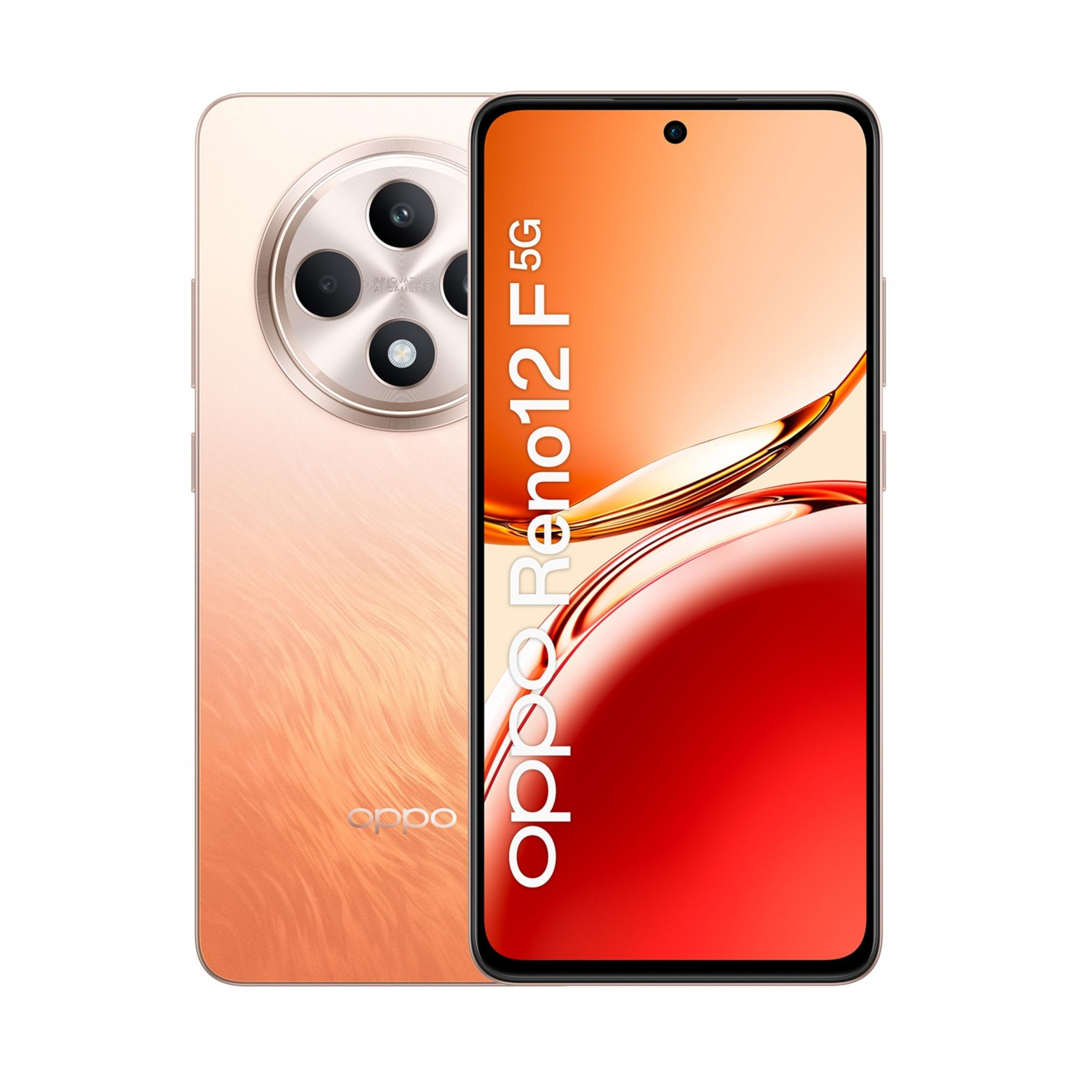Uno smartphone OPPO Reno12 5G arancione con un prominente modulo fotocamera.