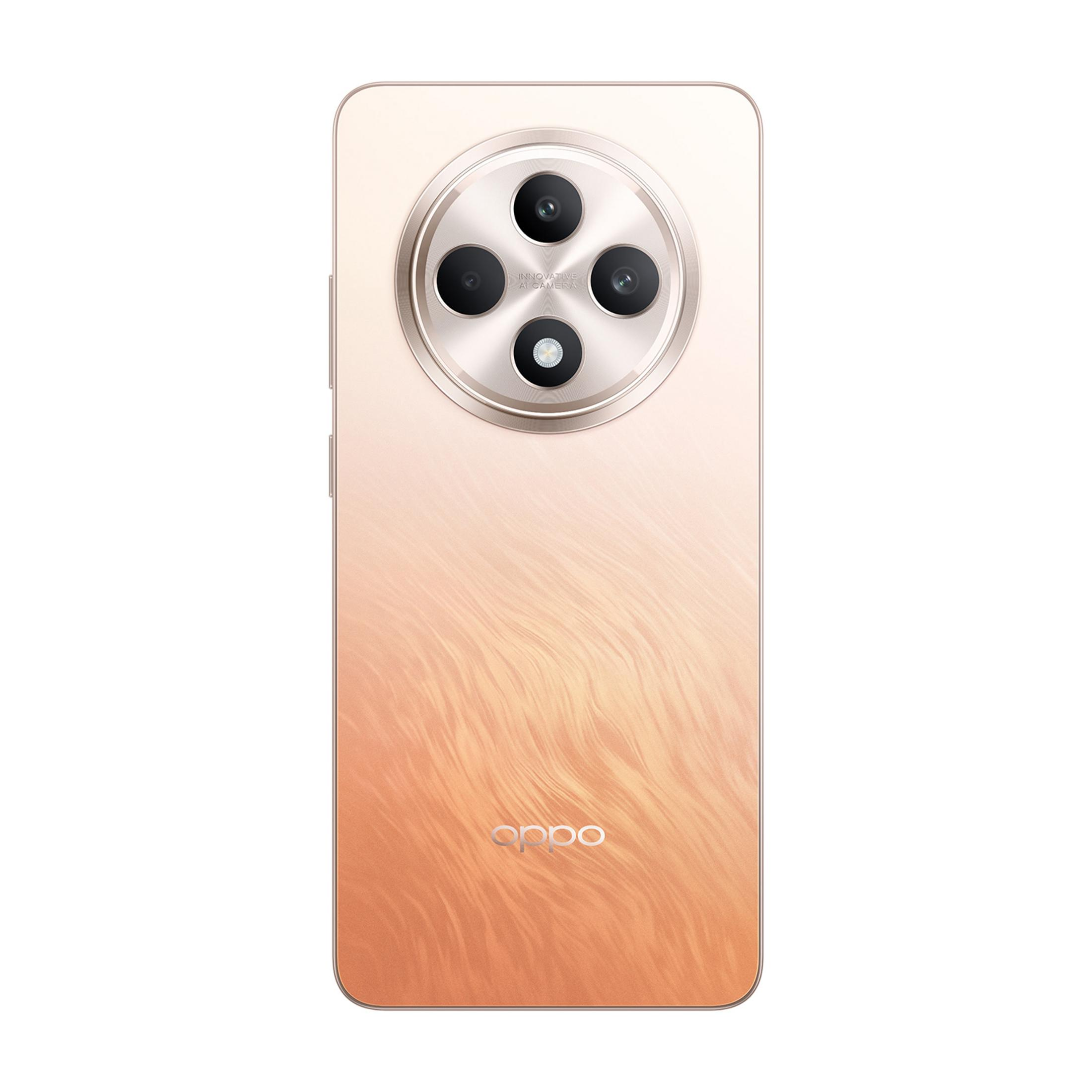 Retro di un telefono OPPO dorato con quattro fotocamere e motivo.