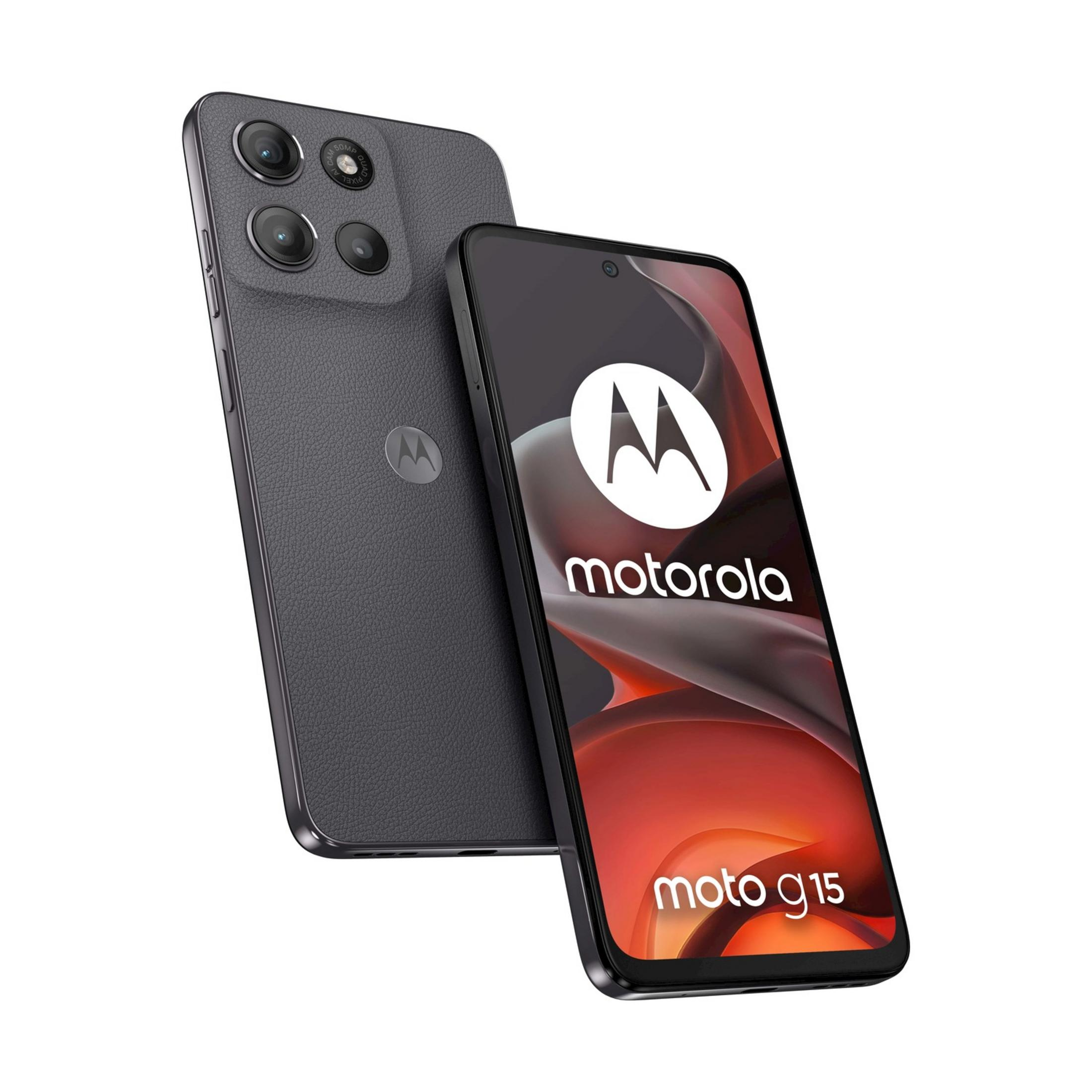 Ein graues Motorola Moto G15 Smartphone mit vier Kameras auf der Rückseite.