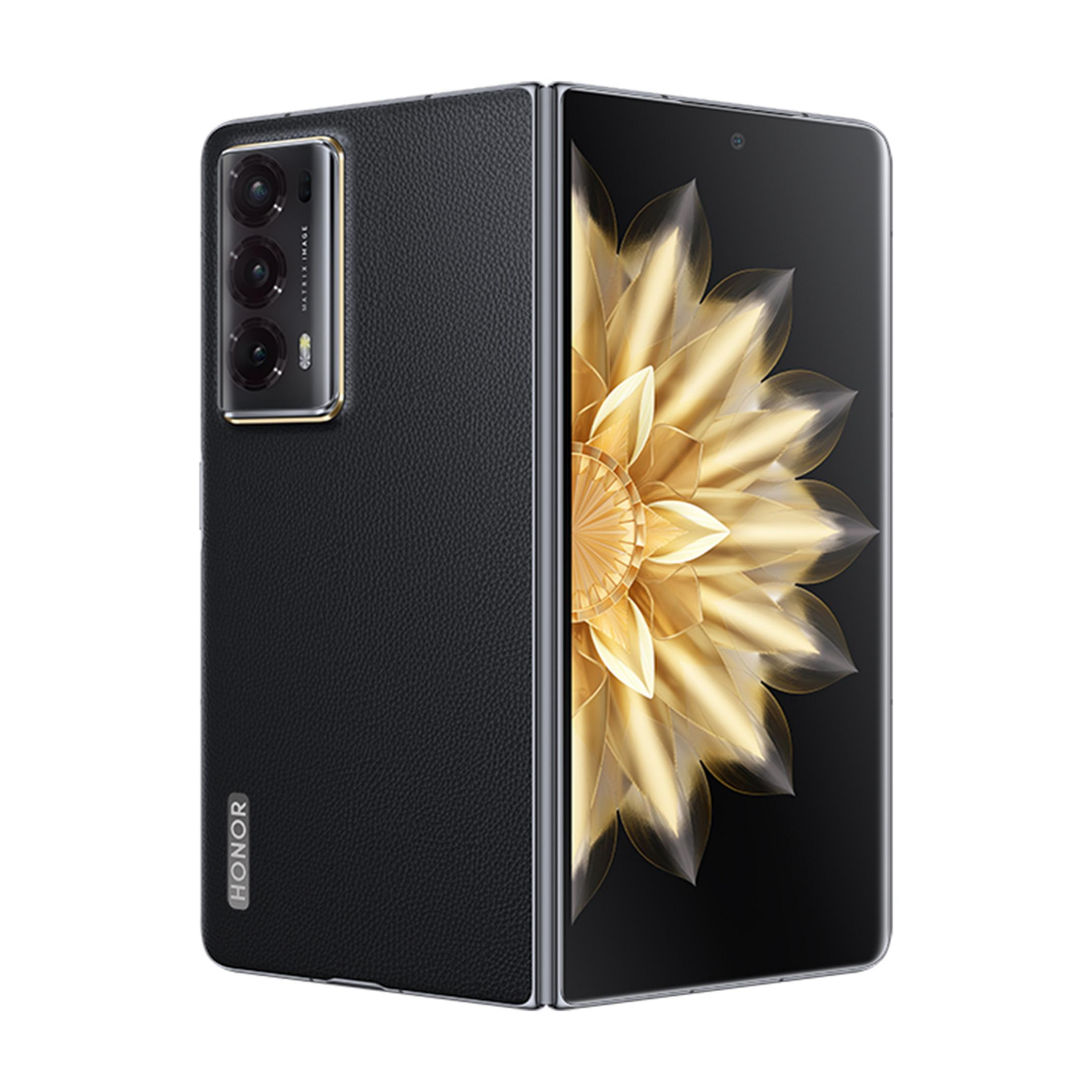 Ein schwarzes faltbares Honor-Telefon mit einer Kamera und einem goldenen Blumenmuster auf dem Bildschirm.