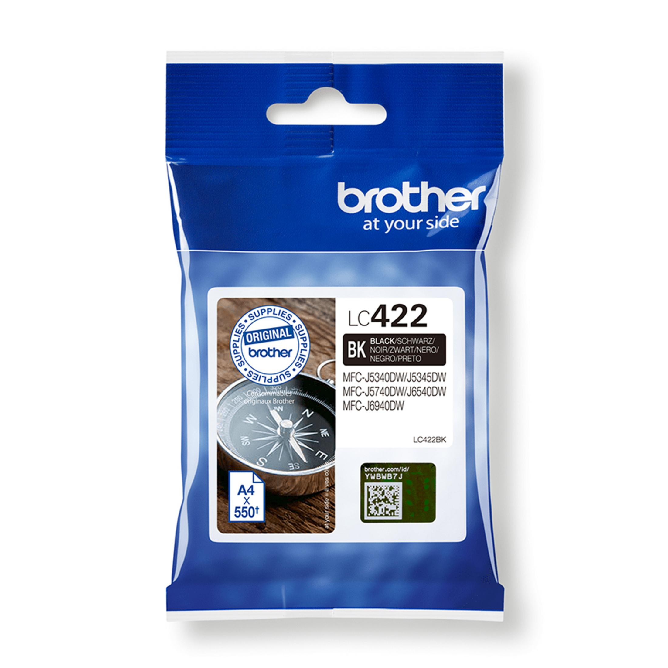 Czarny tusz Brother LC422 z kodem QR, kompasem i symbolem A4.