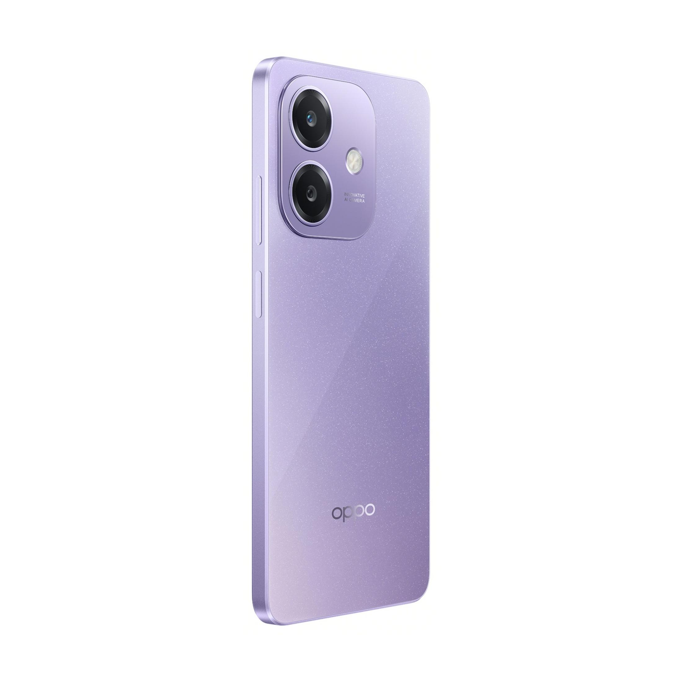 Un smartphone morado con dos cámaras y el logo de Oppo.