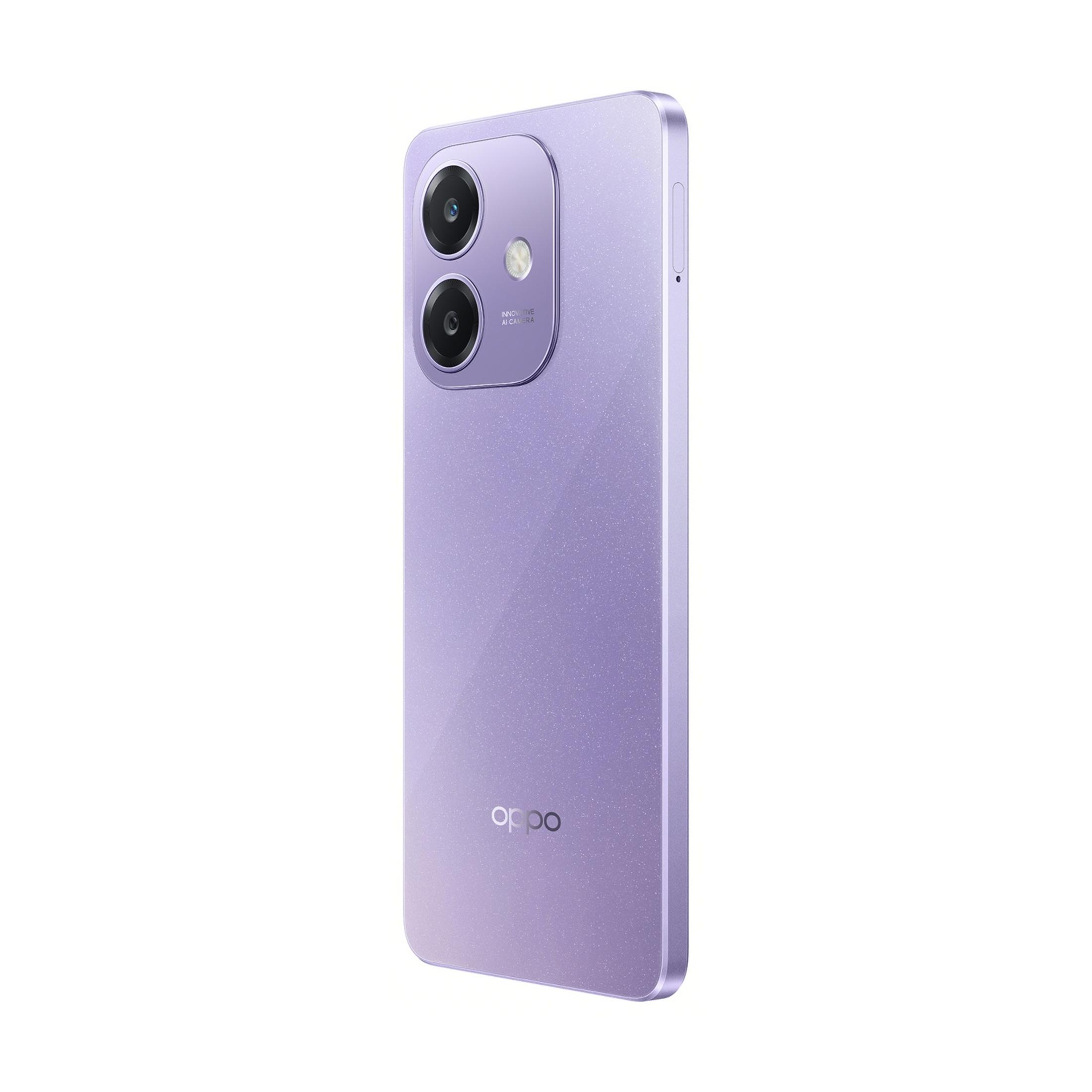 Un smartphone morado con dos cámaras y logo de OPPO sobre fondo blanco.