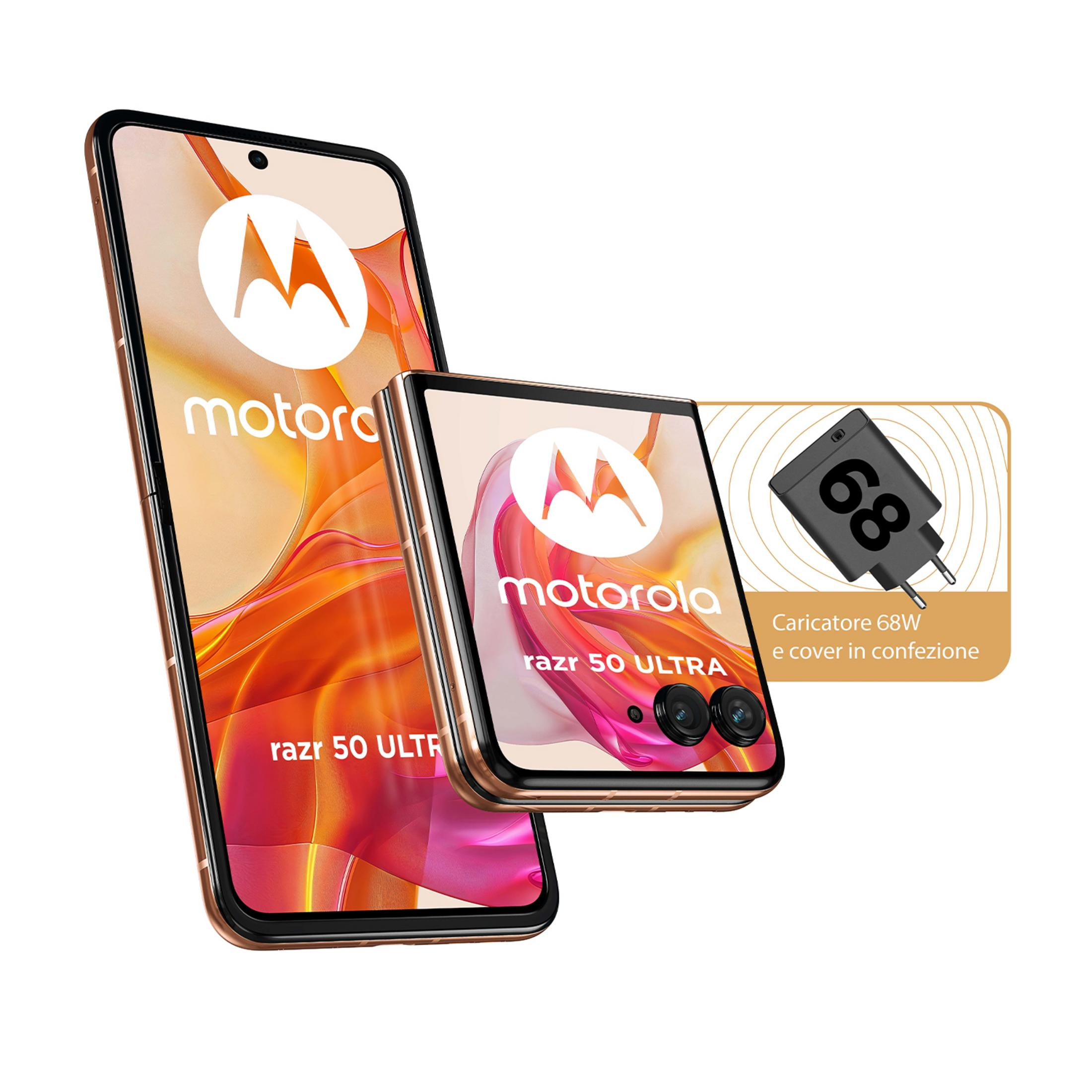 Dwa telefony Motorola Razr 50 Ultra z ładowarką i etui.