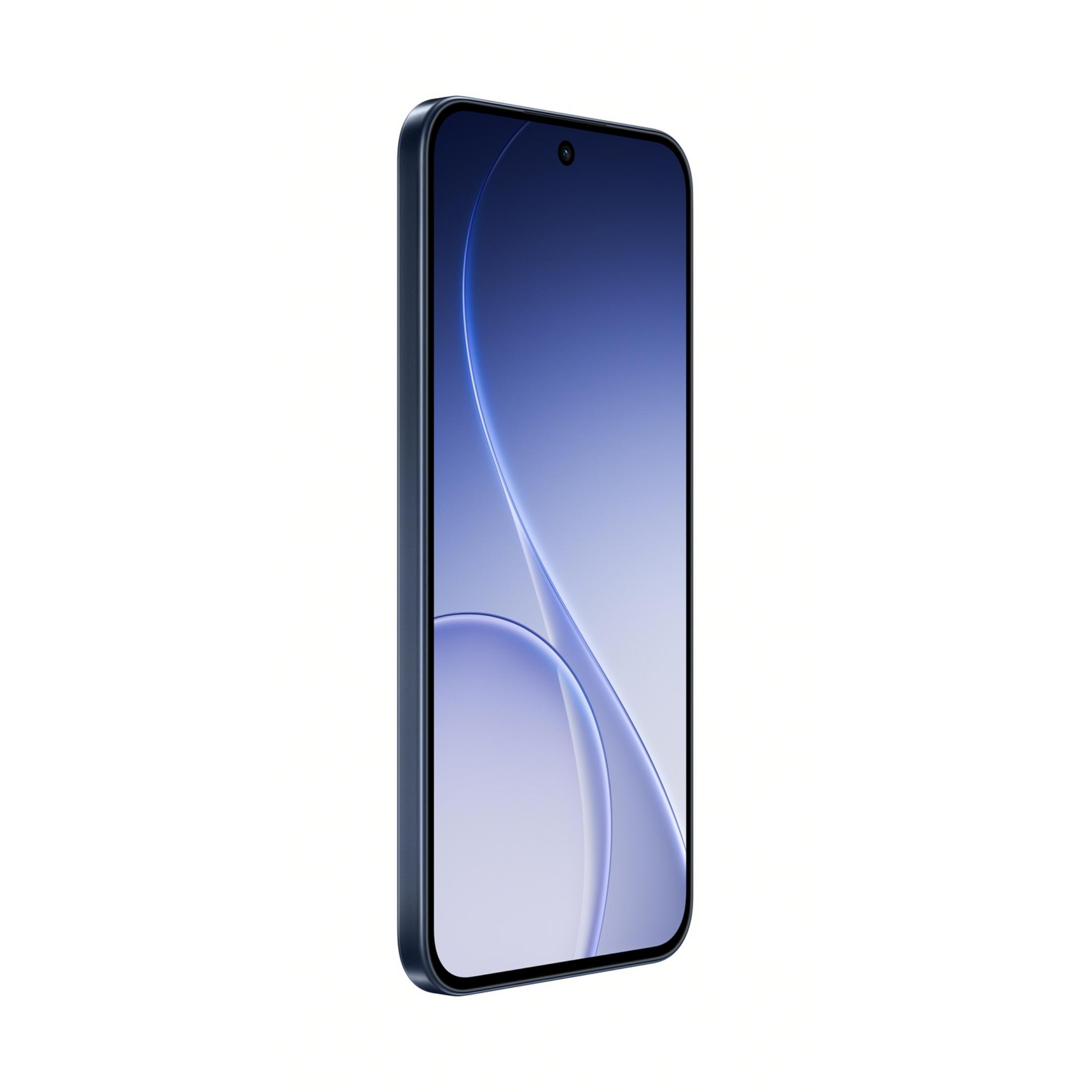 Un smartphone sombre avec un fond bleu et un motif circulaire.