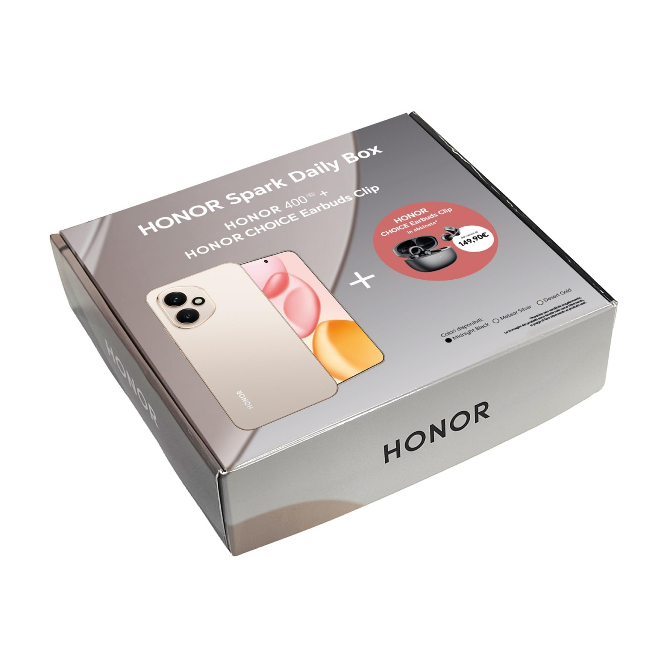 Caja diaria Honor Spark con smartphone y auriculares Honor 400.