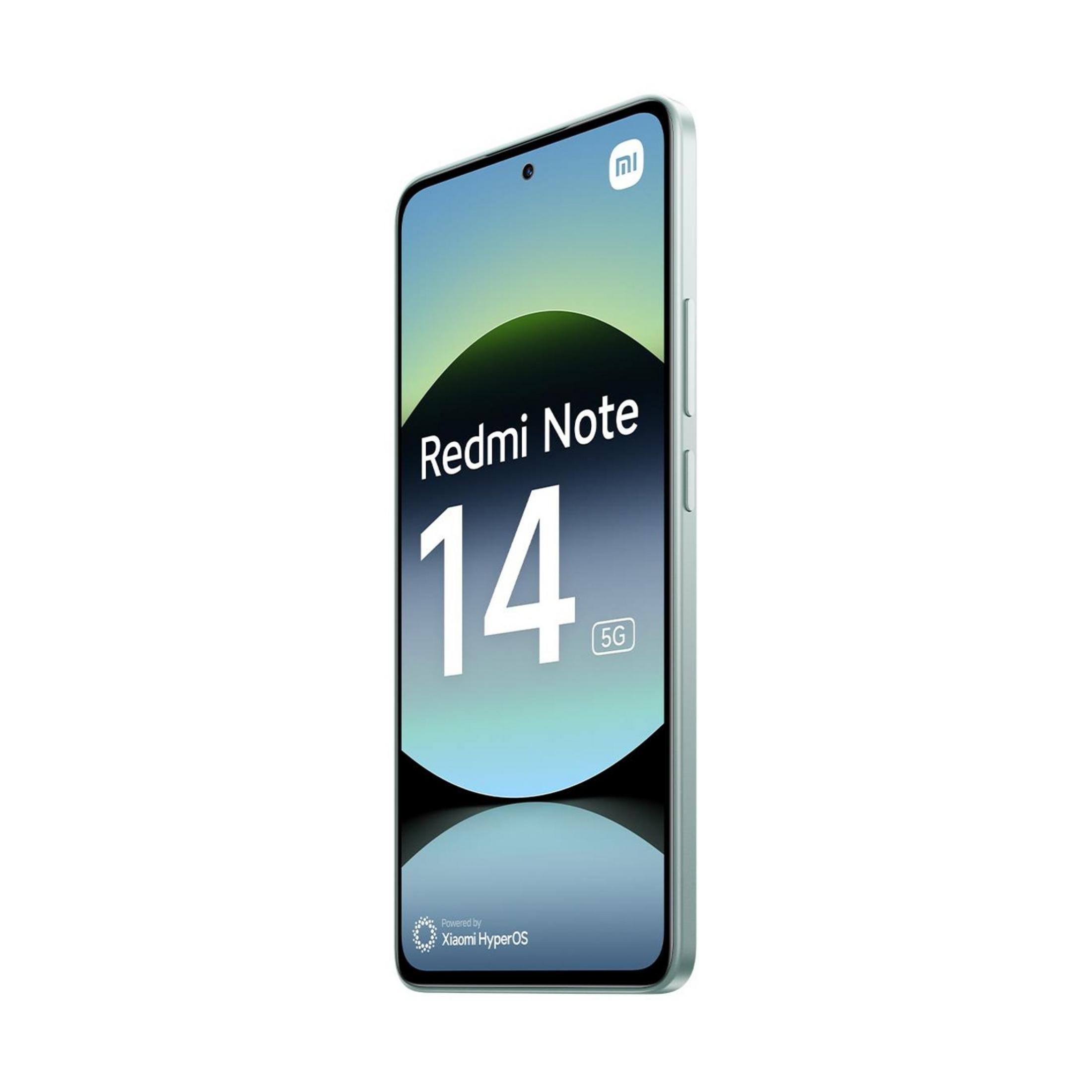 Jasnozielony smartfon Xiaomi Redmi Note 14 5G z pełnoekranowym wyświetlaczem.