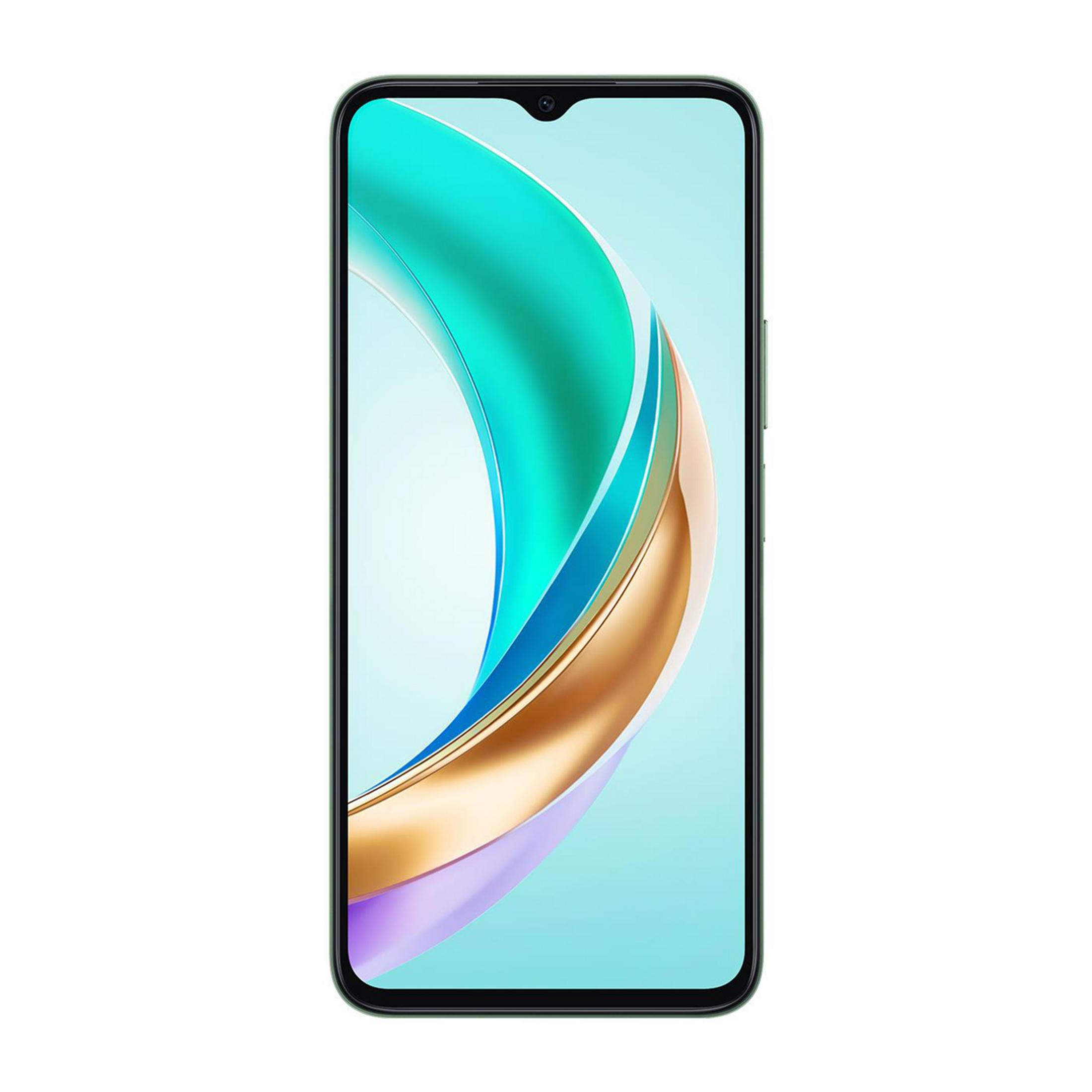 Smartfon z turkusowym wyświetlaczem i abstrakcyjnymi krzywiznami.