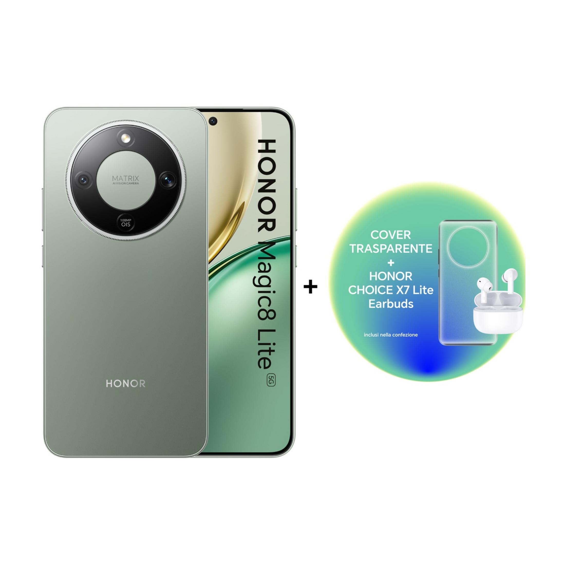Zielony smartfon Honor Magic8 Lite z aparatem i słuchawkami.