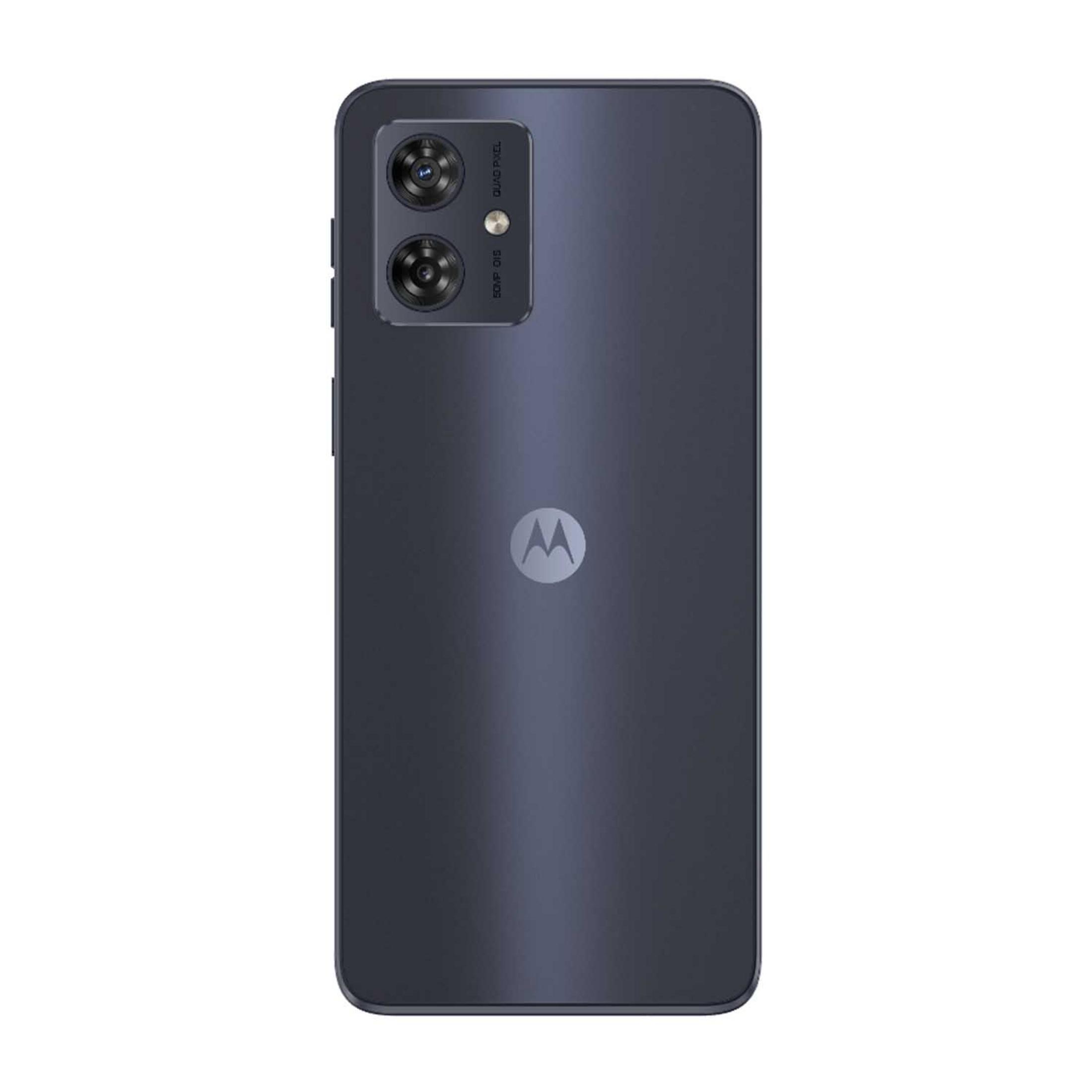 Smartphone gris oscuro con dos lentes de cámara y logo Motorola.