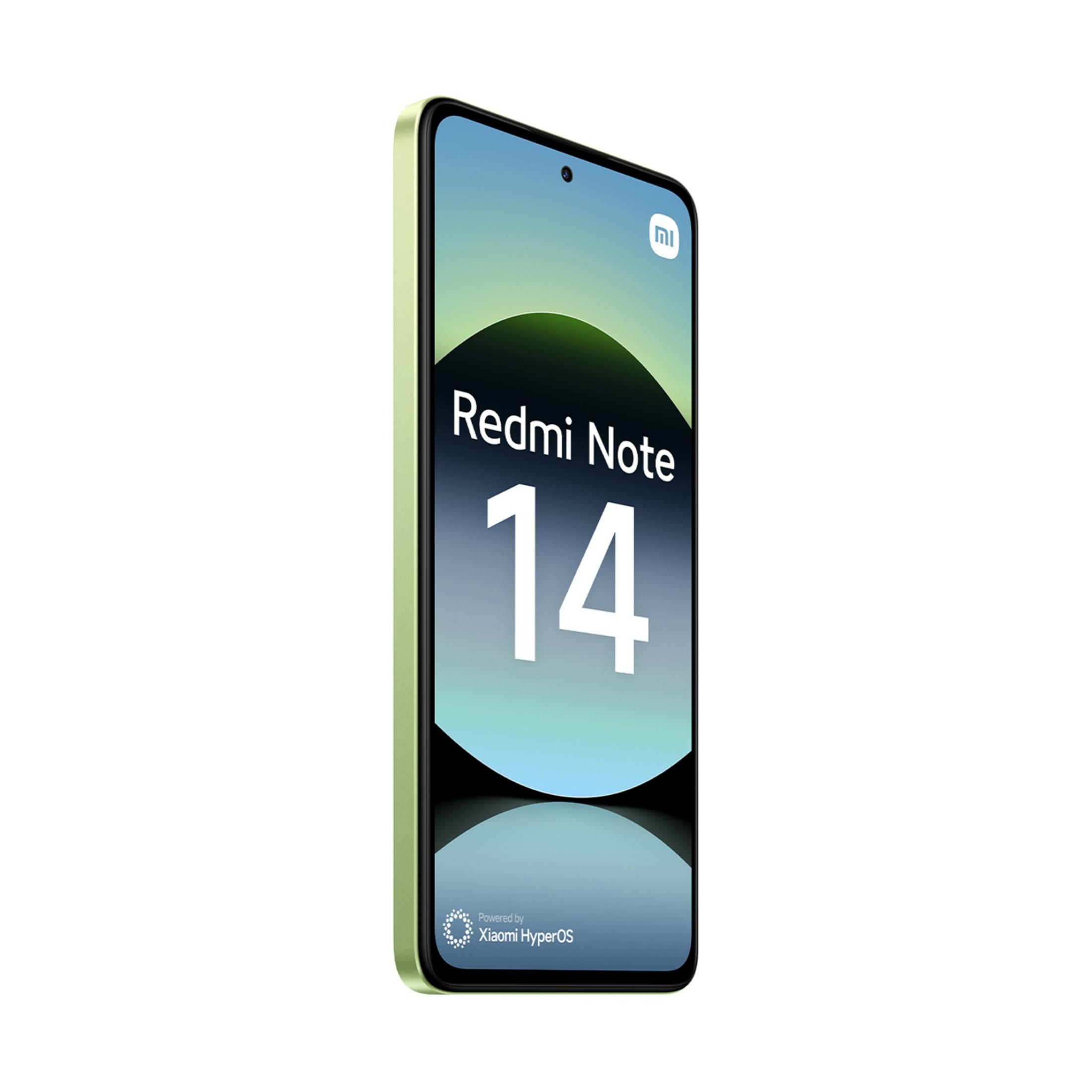 Jasnozielony smartfon z wyświetlanym na ekranie Redmi Note 14.