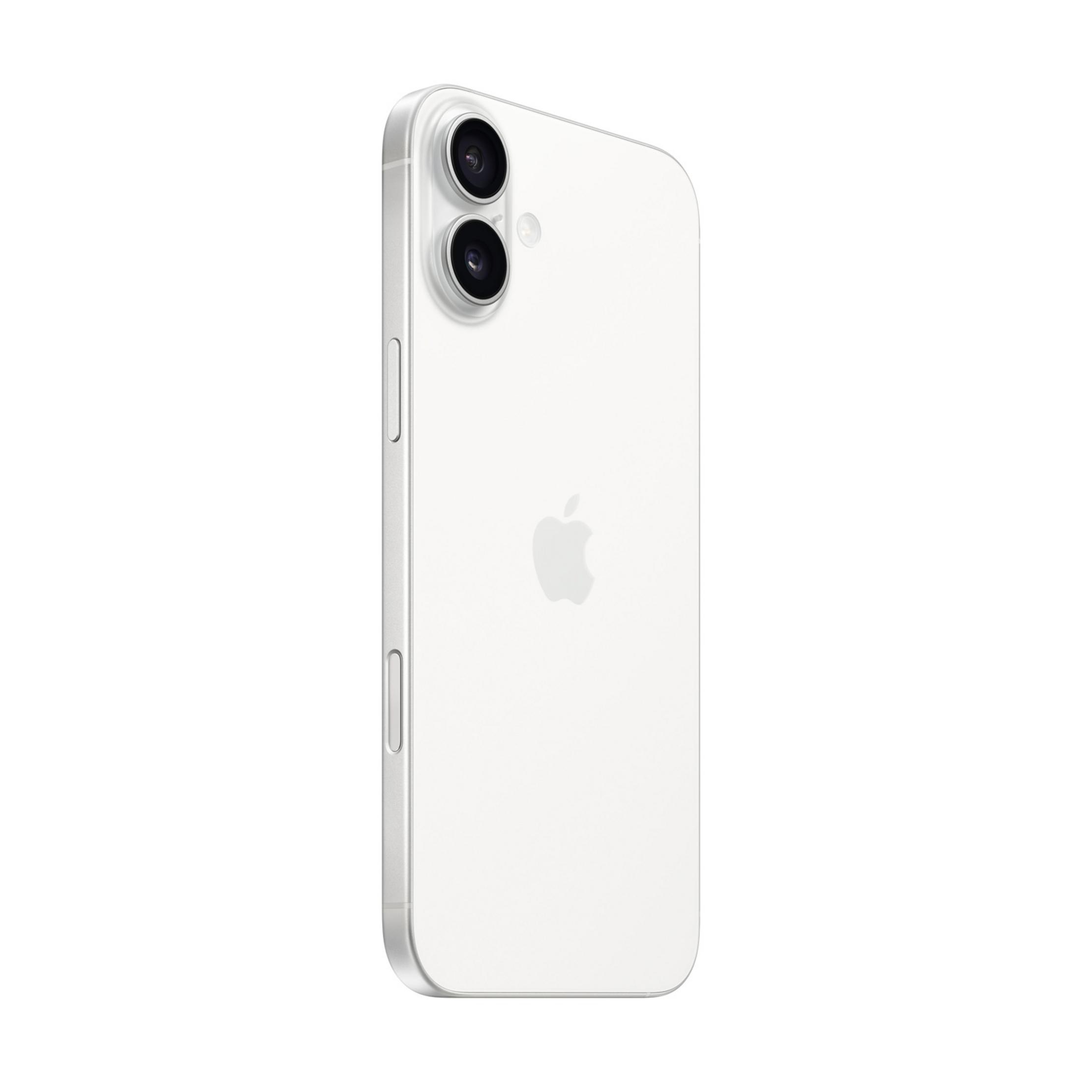 Vista trasera de un iPhone blanco con doble cámara y logo de Apple.